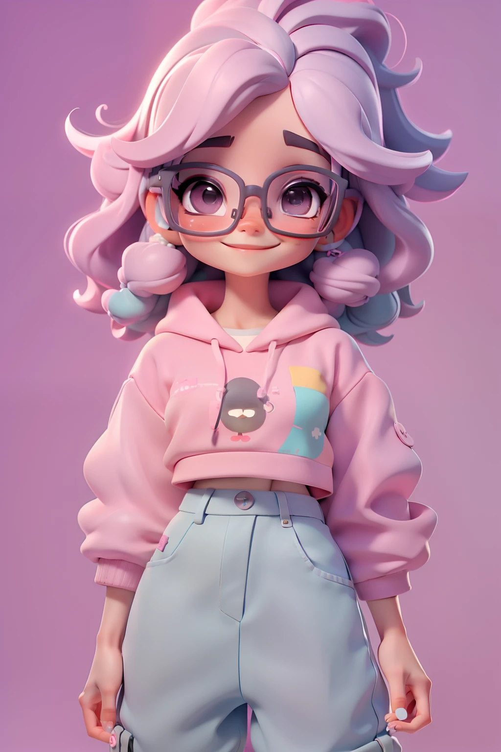 nerd fofa, Eyeglasses, meniga, olhos delicados, cabelo preto e preso, tom pastel, Pants, moletom, sorriso delicado, fundo simples e branco