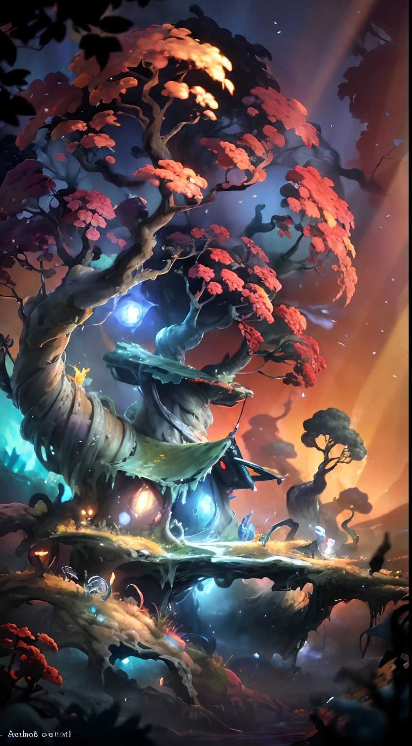Big tree as a house, the house made by tree, by Pino Daeni, by Ruan Jia, by Alayna Lemmer, by Carlo Galli Bibiena, [spiritual tree], dark yellow and orange sky, starry, forest with blue ocean and bright plant, (Ori and the Blind Forest), (Ori and the Will of the Wisps), 2D game, digital art, realistic proportions, sharp focus, (HDR), (8k), (gigapixel), ((masterpiece))