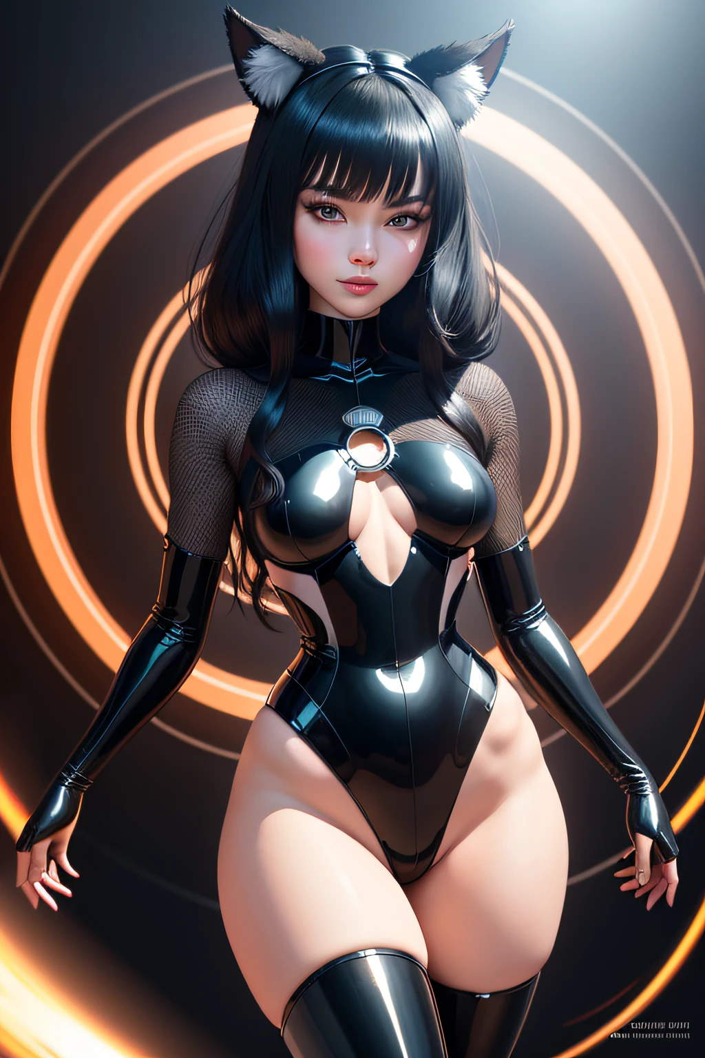 black hair, hair bobbles, wince, longeyelashes, solid circle eyes, fake animal ears, light smile, ear blush, fang, Surrealism, drop shadow, anaglyph, stereogram, tachi-e, pov, atmospheric perspective, Surrealism, Cubist Futurism, blurry, ray tracing, reflection light, 8k, super detail, ccurate, best quality, UHD, masterpiece, super detail, high details, best quality,tmasterpiece,Best quality,Portrait of 1girl,full-body portraits,