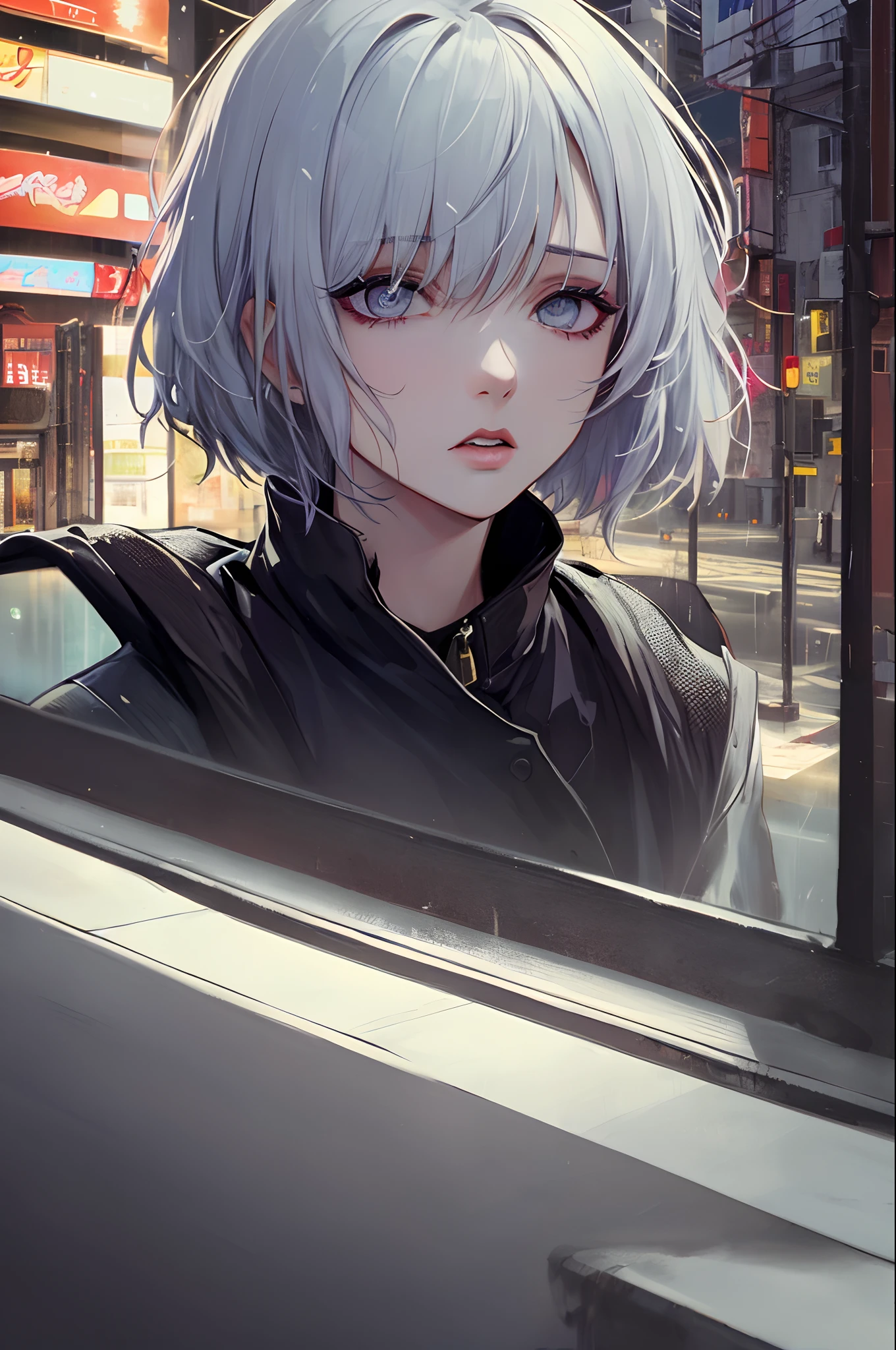 Garota, ghoul, melhor qualidade, mais detalhes, obra-prima, 1boy, kaneki ken, retrato, foco feminino, olhos vermelhos, solo, franja, olhando para o espectador, capuz, cabelo curto, chuva, tokyo tokyo \(cidade\), capuz, nail polish, cabelo branco, luxuoso, 8k, detalhado, ray tracing, profundidade de campo, cinematic lighthing,