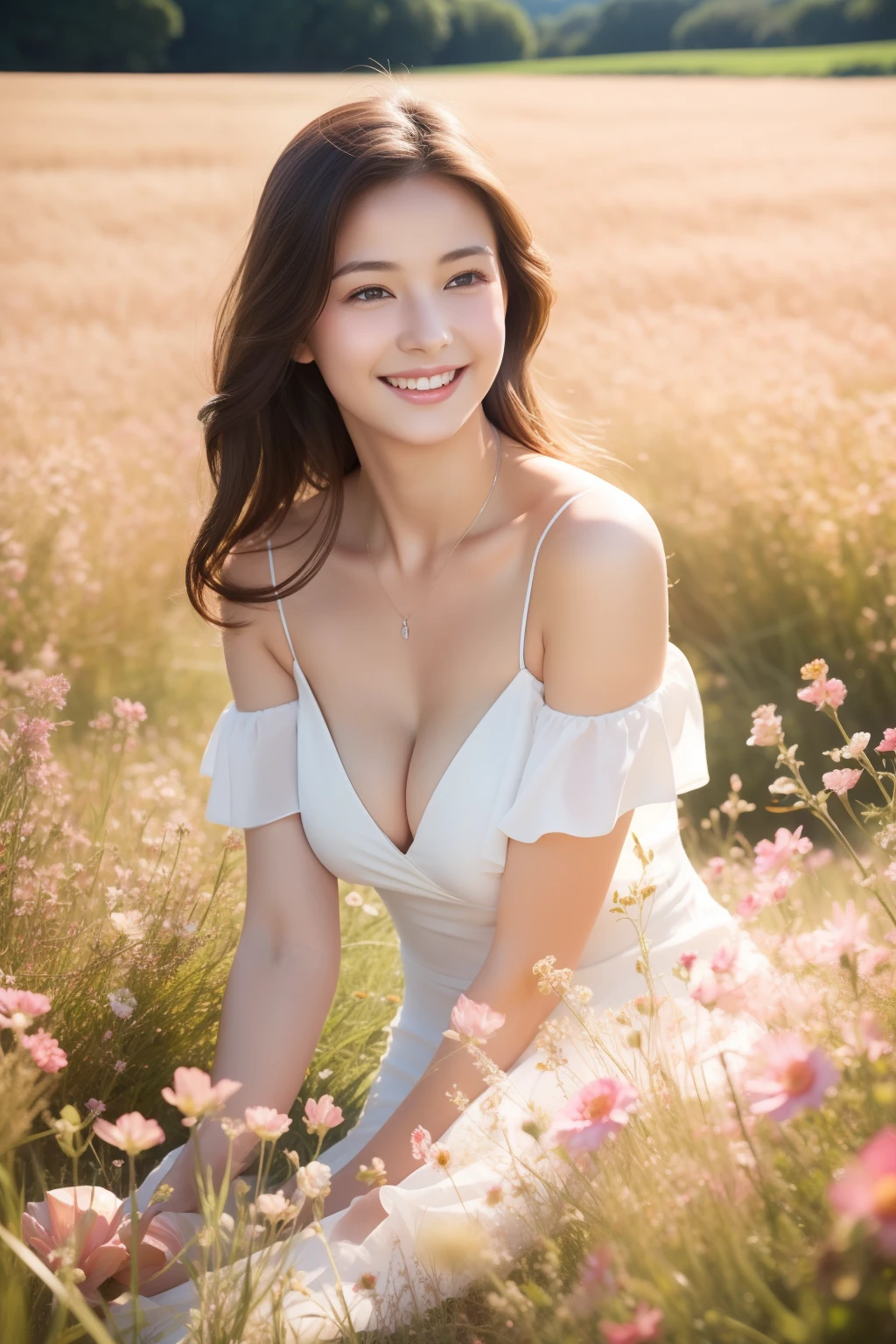 cleavage，Best quality, masterpiece, ultra high res, (photorealistic:1.4), raw photo, 1girl, white dress, off shoulder, pink flower field, glowing skin, light smile