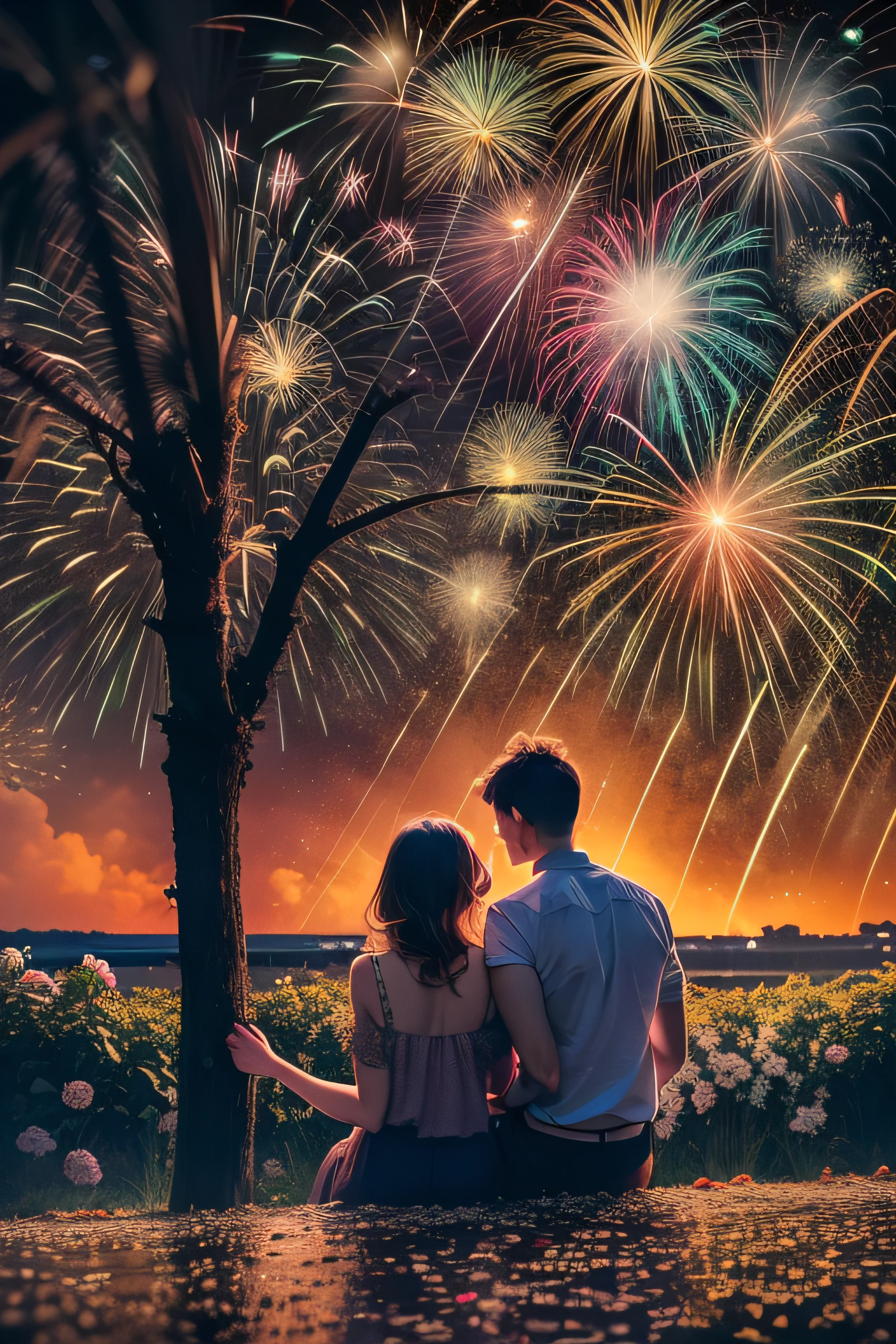 A young couple sits hand in hand under the dazzling fireworks blooming in the night sky. Their faces, illuminated by the colors of the fireworks, are etched with deep love and gratitude. As the last firework blooms in the sky and its light slowly fades, the husband's breath silently stops. The woman holds his hand and smiles despite her tears. This scene is part of a beautiful ending that evokes deep nostalgia.