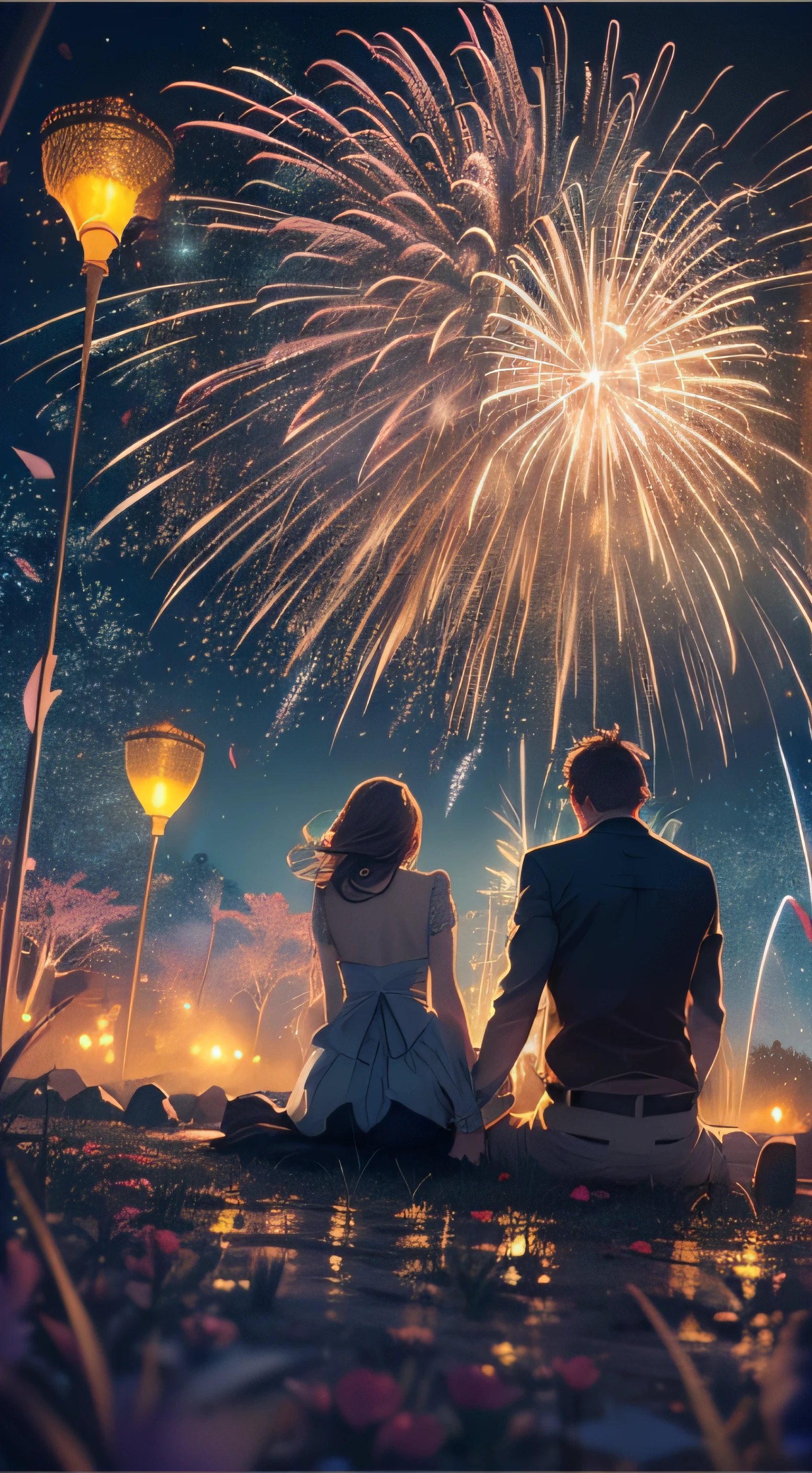 A young couple sits hand in hand under the dazzling fireworks blooming in the night sky. Their faces, illuminated by the colors of the fireworks, are etched with deep love and gratitude. As the last firework blooms in the sky and its light slowly fades, the husband's breath silently stops. The woman holds his hand and smiles despite her tears. This scene is part of a beautiful ending that evokes deep nostalgia.