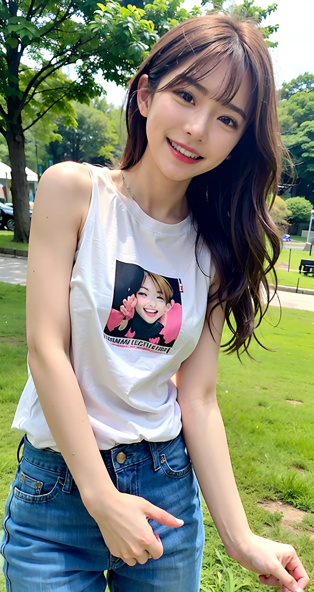 (top-quality、​masterpiece)、Various poses、(((be shy)))、NSFW、T-shirts and pants、8K、女の子 1 人、Staring at this、(((Shy laughter)))、a park、First time shooting 、looking at viewert、Wavy、