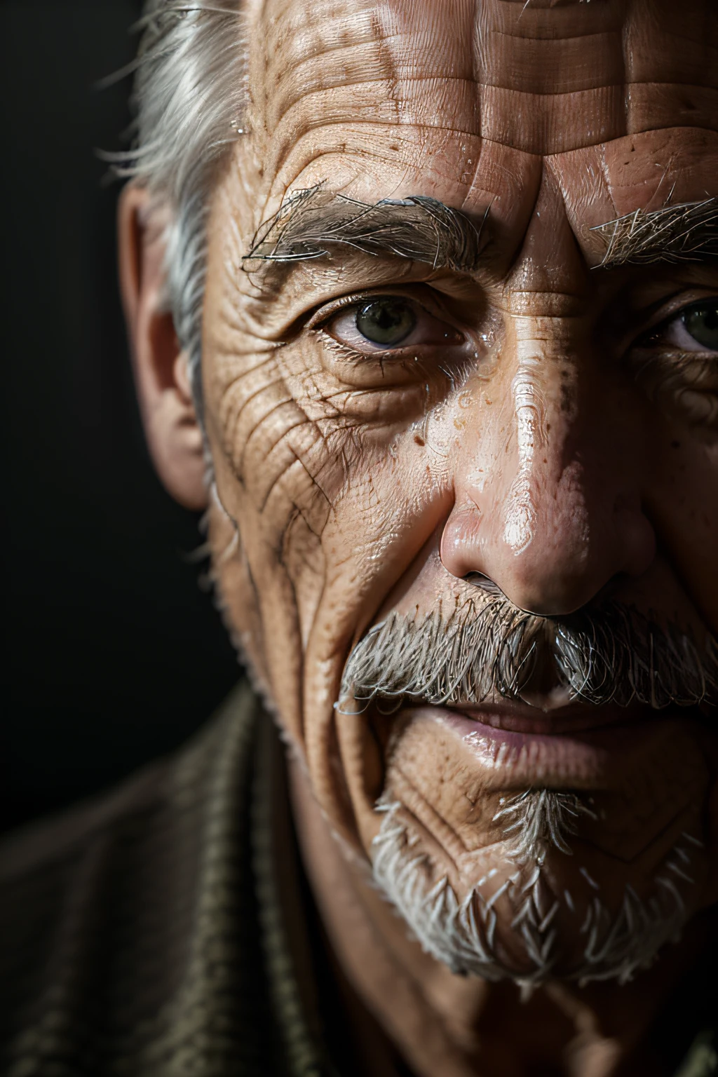 (masterpiece, photorealistic, raw,:1.4), (extremely intricate:1.2), close up, cinematic light, sidelighting, ultra high res, best shadow, RAW, upper body, old man, wearing pullover,