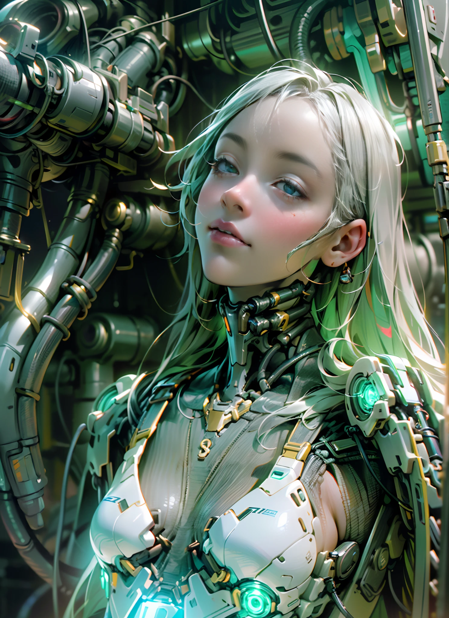 Top Quality, Masterpiece, Ultra High Resolution, ((Photorealistic: 1.4), Raw Photo, 1 cyberpunk android Girl, ((portrait)), Glossy Skin, (Ultra Realistic Details)), transparent plastic covering mechanical limbs, tubes connected to the mechanical parts, mechanical vertebrae attached to the spine, mechanical cervical attachment to the neck, wires and cables connecting to the head, Evangelion, ((Ghost in the Shell)), small glowing LED lamps, global lighting, deep shadows, Octane Rendering, 8K, Ultra Sharp, Metal, Intricate Ornament Details, baroque details, Very intricate details, realistic light, CGSoation trend, facing the camera, neon details, (android manufactory in background), art by H.R. Giger and Alphonse Mucha.
