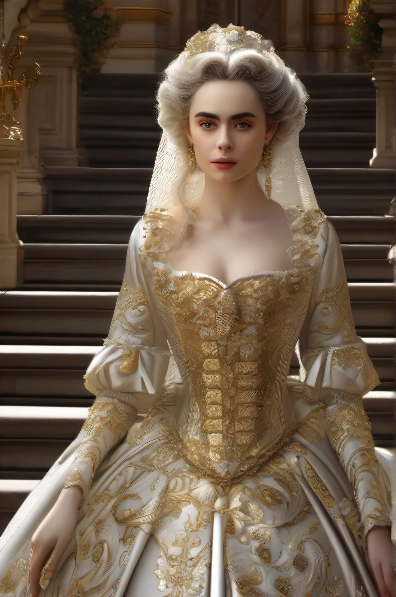 white flowers, Lily Collins with gray hair in Marie Antoinette's hairstyle,
dressed in a super detailed medieval Victorian gold dress, going down the stairs from the palace to the ballroom, smooth and shiny, HD art by Greg Hildebrandt, Sitemer Liu,
stjepan sejic, Samyang, aikut aidogdu, Justin Gerard, Alphonse Mucha, artgerm, by Greg Rutkowsky, wideshot, golden ratio composition, Abundant white space, in the style of Bess Hamiti, Textural richness, Hiroshi Nagai, Low-speed film, Lush detail, Desktop photography,
dark black and gray