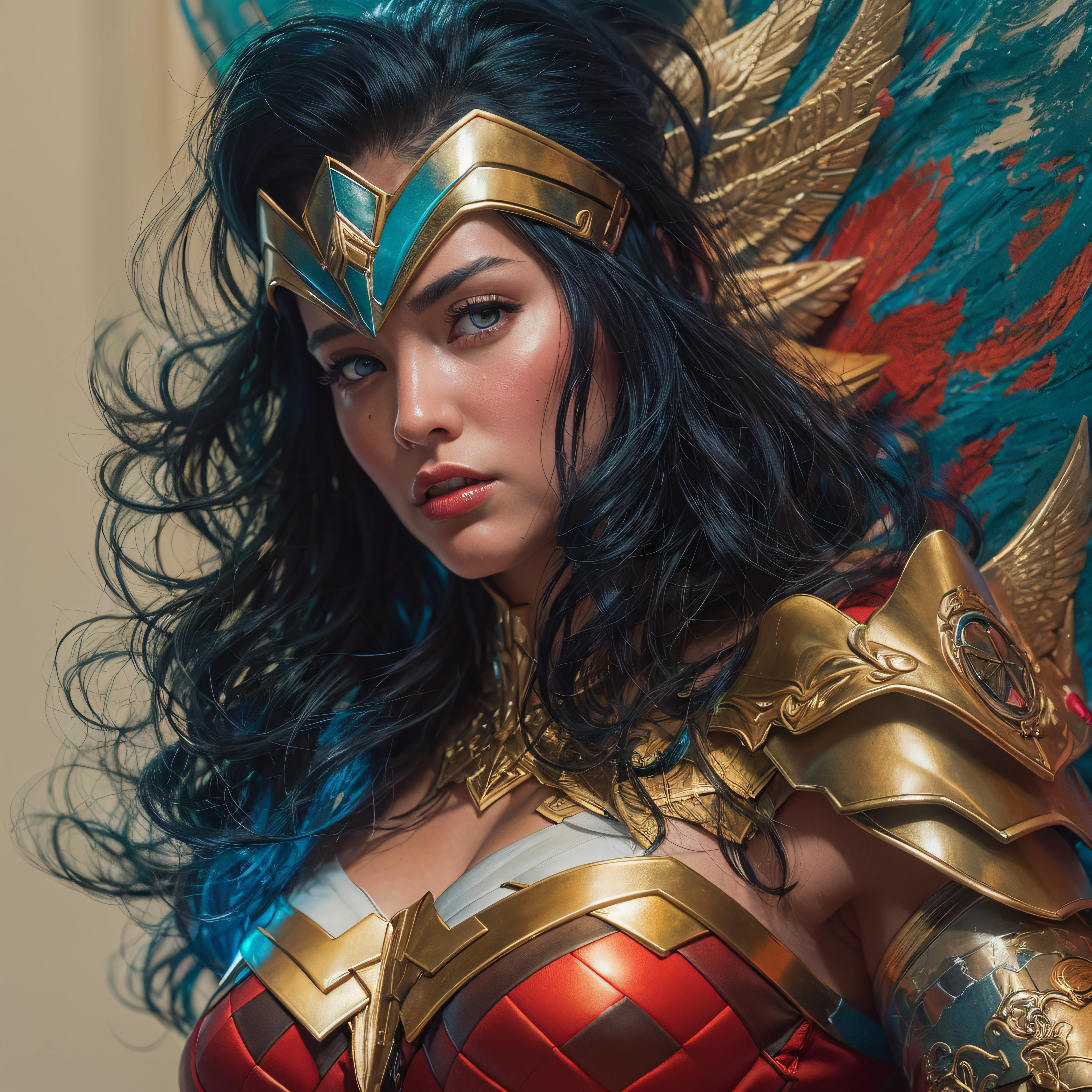 a Wonder Woman in a (((red, blue and gold costume))), (((black hair))), standing on a ledge, warrior in intricate armor, Artgerm Julie Bell Beeple,  bonita do anjo do ciborgue, wearing (((Amazonian armor))), meninavaleiro do anjo, Mechanized Valkyrie girl, Artgerm JSC, Por Ruan Jia e Stanley Artgerm, Artgerm extremamente detalhado, Menina da ar, Directed by: Arthur Pan