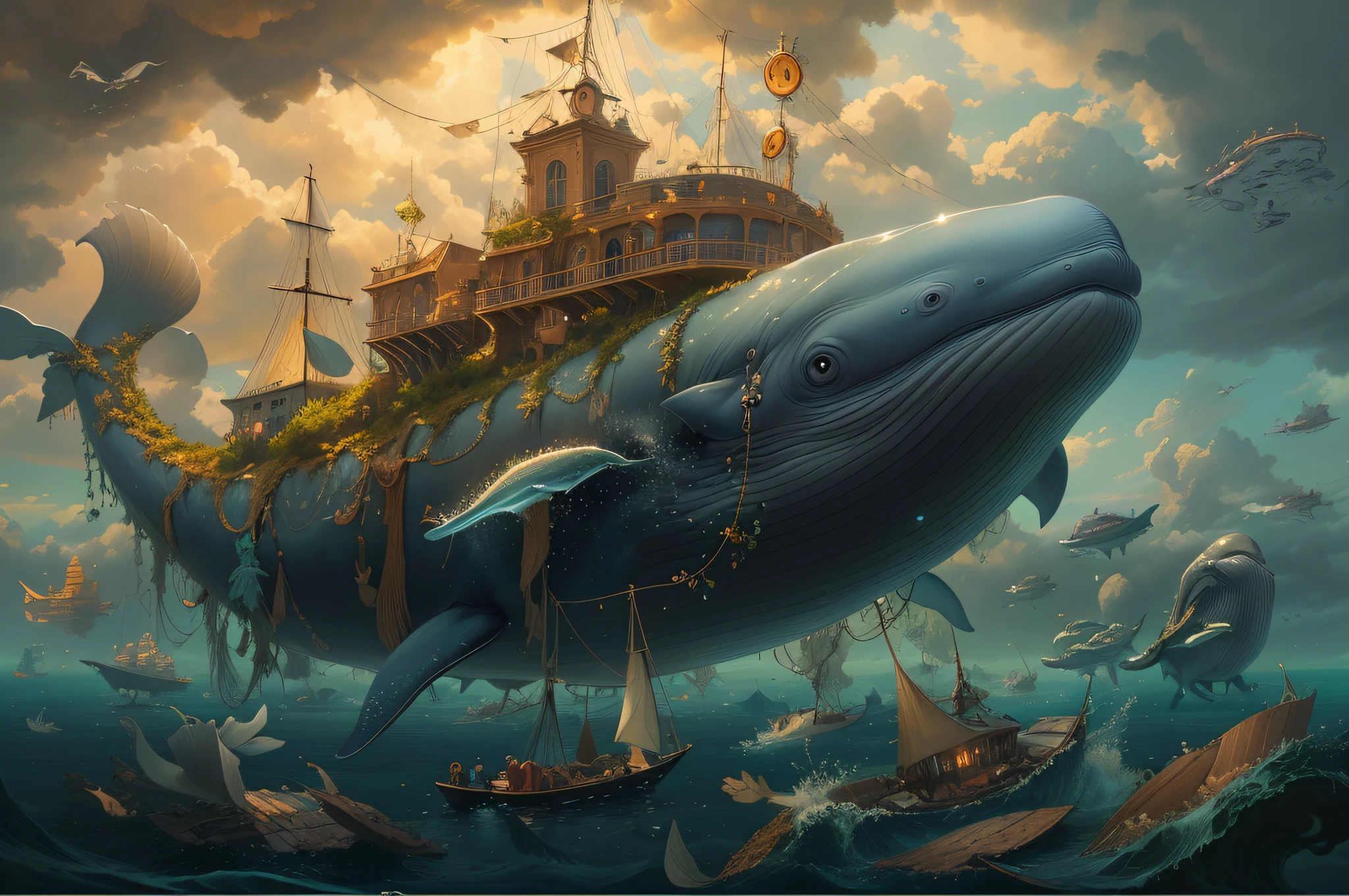 There is a whale that is floating in the water with a boat, epic surrealism 8k oil painting, Rob Rey, realistic fantasy illustration, Directed by: Daniel Ljunggren, inspirado em Cyril Rolando, monstros baleia, arte conceitual surreal, Beeple e Tim Hildebrandt, epic fantasy sci fi illustration, Arte digital altamente detalhada em 4k, Arte digital surrealista