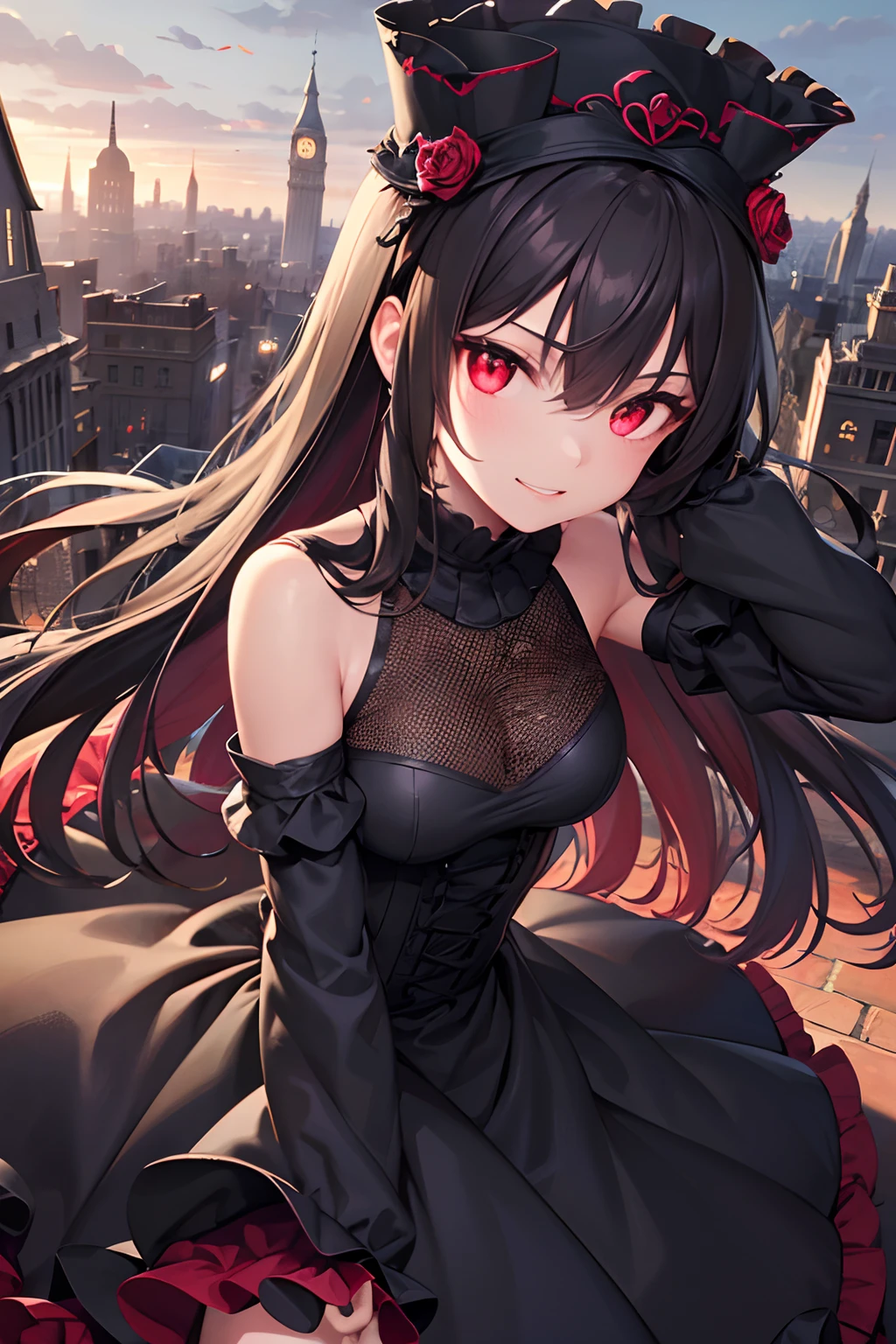 sharp focus, best quality, depth of field, cinematic light, detailed outfit, 8k, perfect eyes, rich in details and textures, detailed body, detailed eyes, black long hair, red eyes, (glowing eyes), evil smile, loli, gothic lolita, wind blowing through hair, crumbled city, ruined city, mini hat