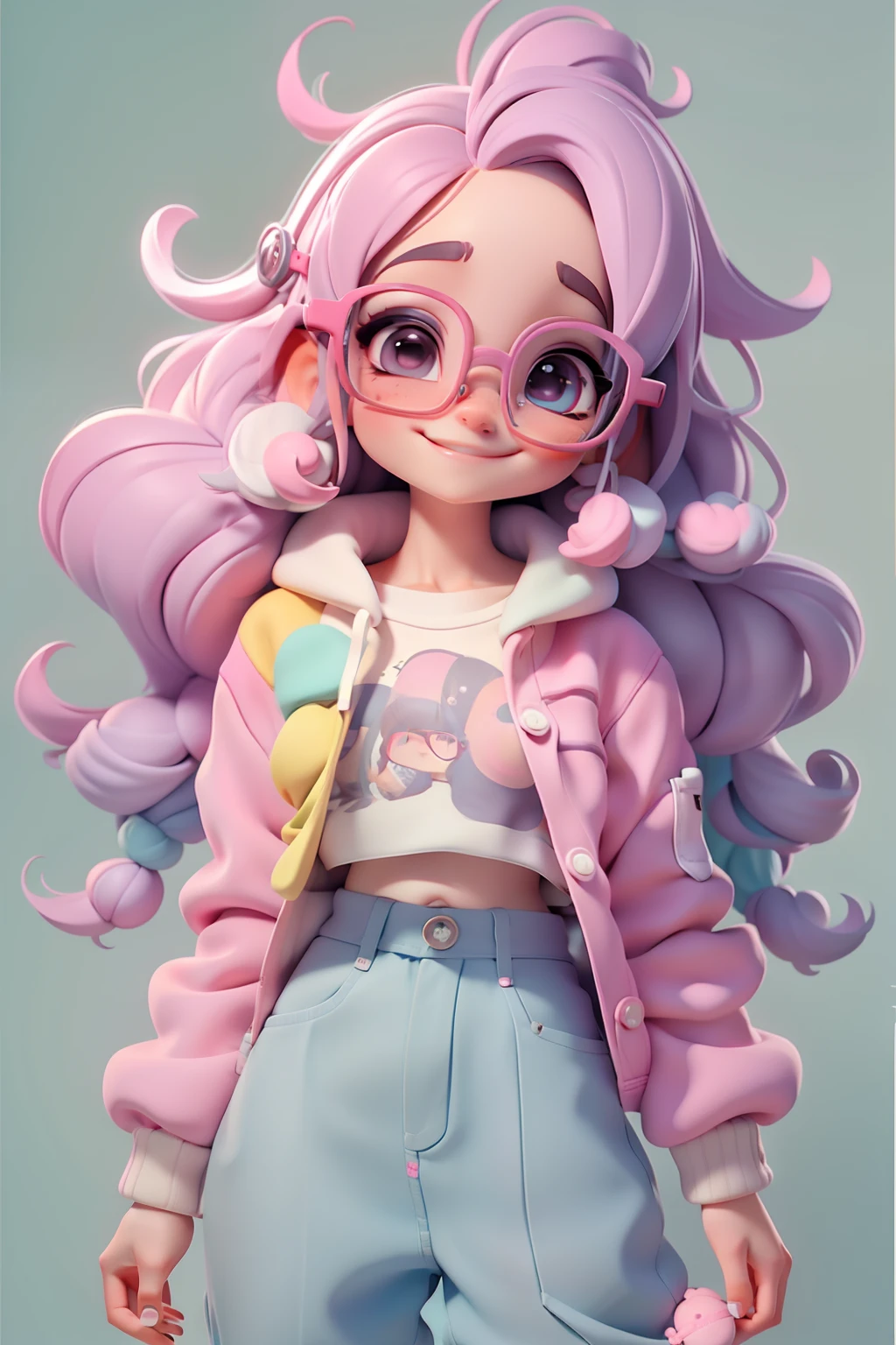Loli nerd fofa, Eyeglasses, menina meiga, olhos delicados, cabelo escuro e preso, tom pastel, Pants, moletom, sorriso delicado, fundo simples e branco