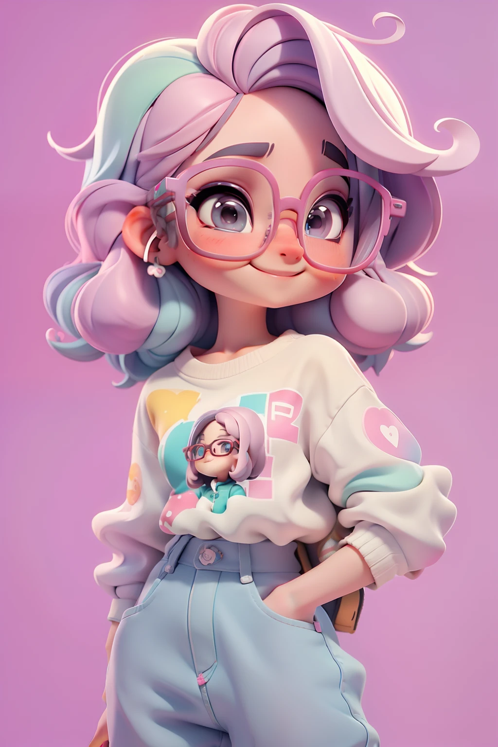 Loli nerd fofa, Eyeglasses, menina meiga, olhos delicados, cabelo escuro e preso, tom pastel, Pants, moletom, sorriso delicado, fundo simples e branco