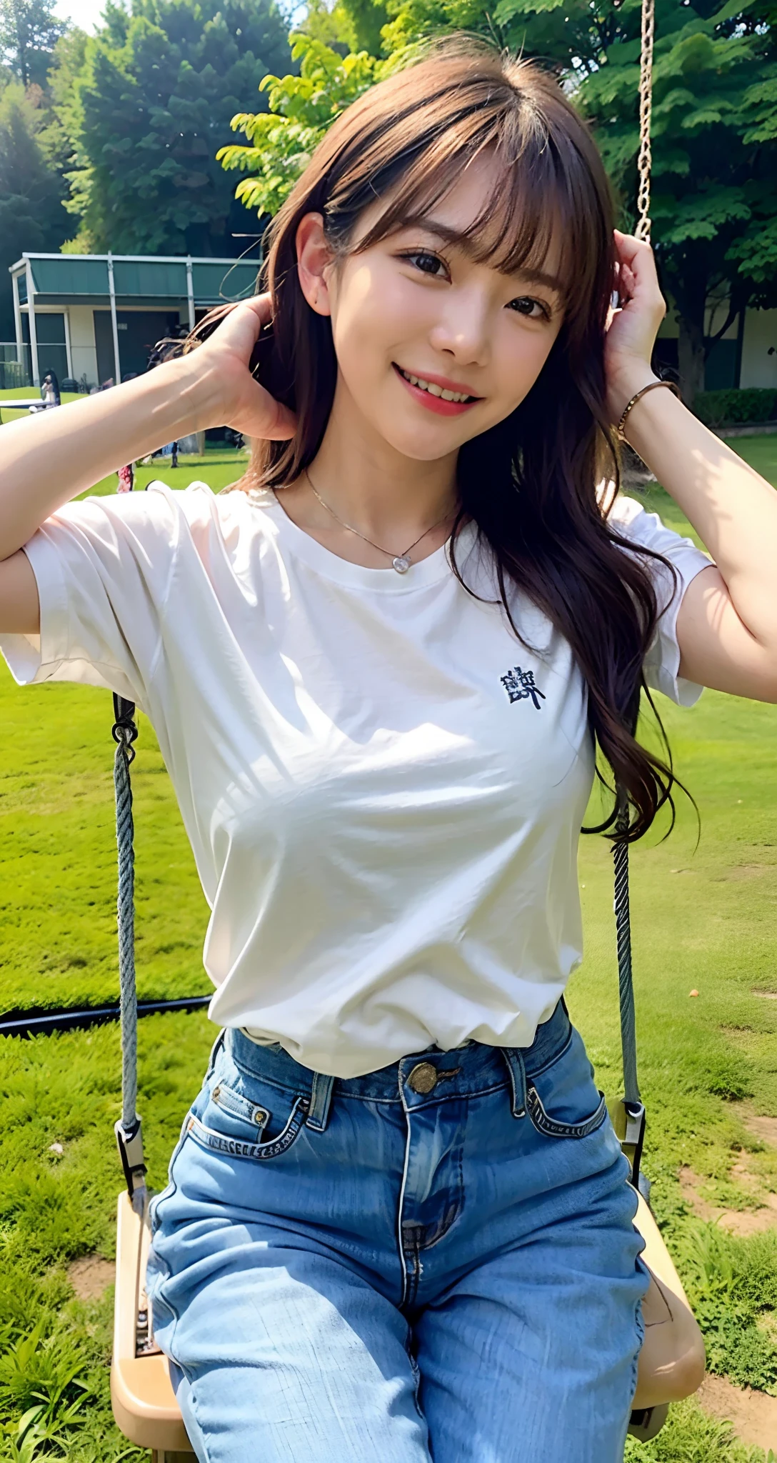 (top-quality、masterpiece)、Various poses、I'm on a swing、(((be shy)))、T-shirts and pants、8K、女の子 1 人、Staring at this、(((Shy laughter)))、a park、First time shooting 、looking at viewert、Wavy、