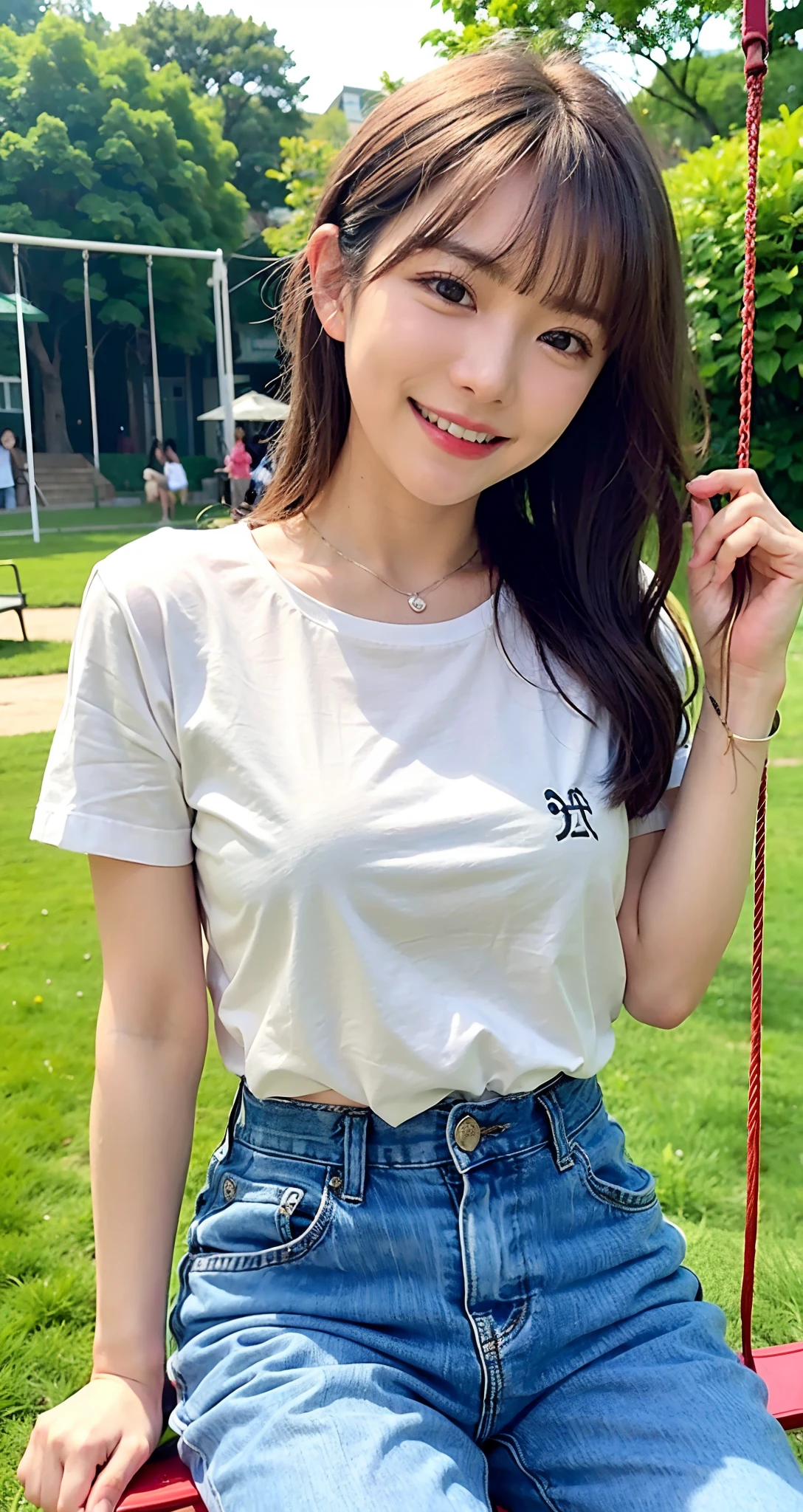 (top-quality、masterpiece)、Various poses、I'm on a swing、(((be shy)))、T-shirts and pants、8K、 1 人、Staring at this、(((Shy laughter)))、a park、First time shooting 、looking at viewert、Wavy、