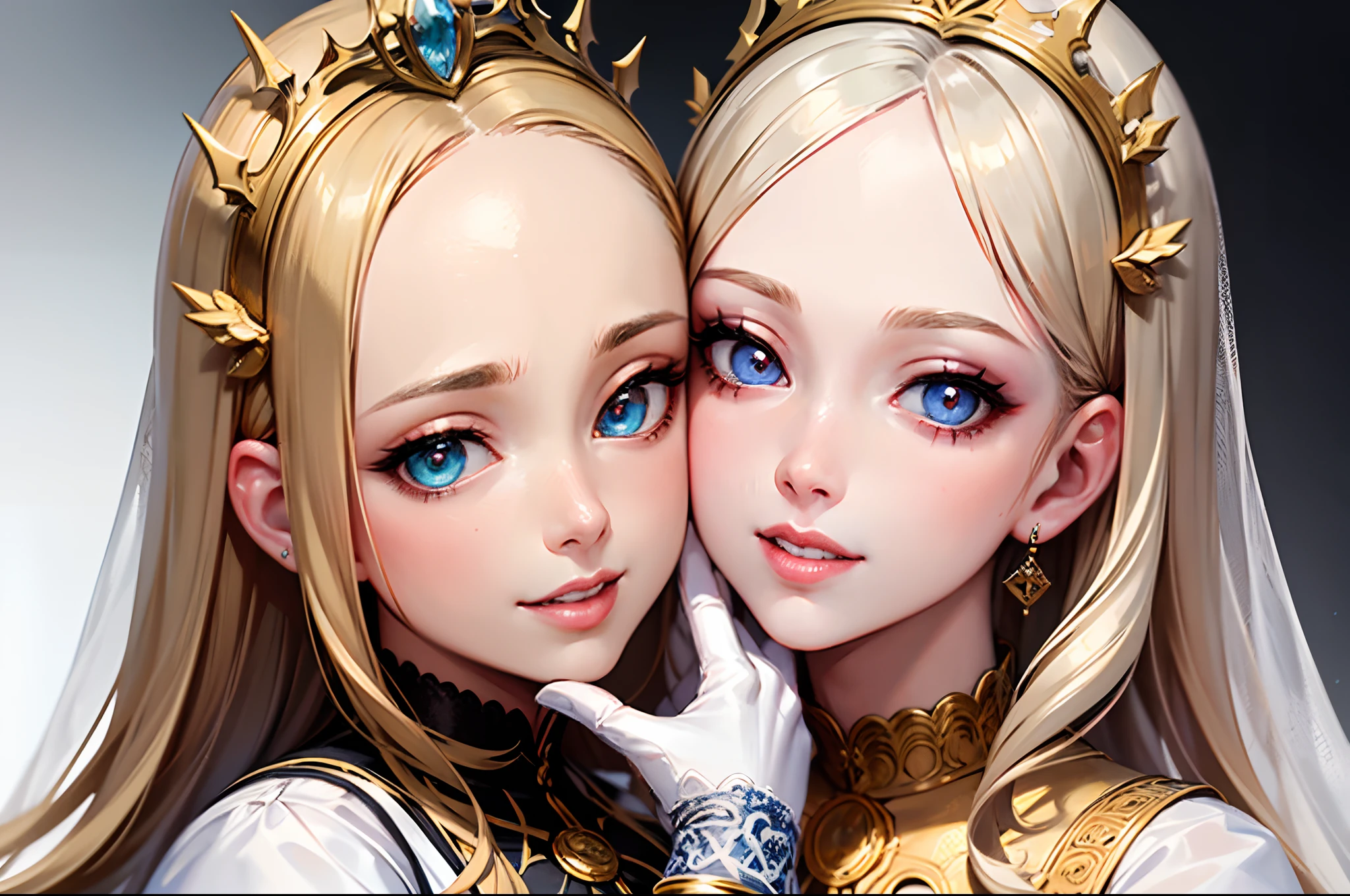 2 women aligned, smile, jewel, gorgeous, splendid, luxurious, (golden), goddess, motherhood, queen, drill hair, (forehead), saints, mature women, embroidery, cape, white dress and gloves, gleaming skin, detailed pupils, perfect eyes, perfect face, (((face focus))), Simple Background, masterpiece, official, best quality, high resolution, all intricate,