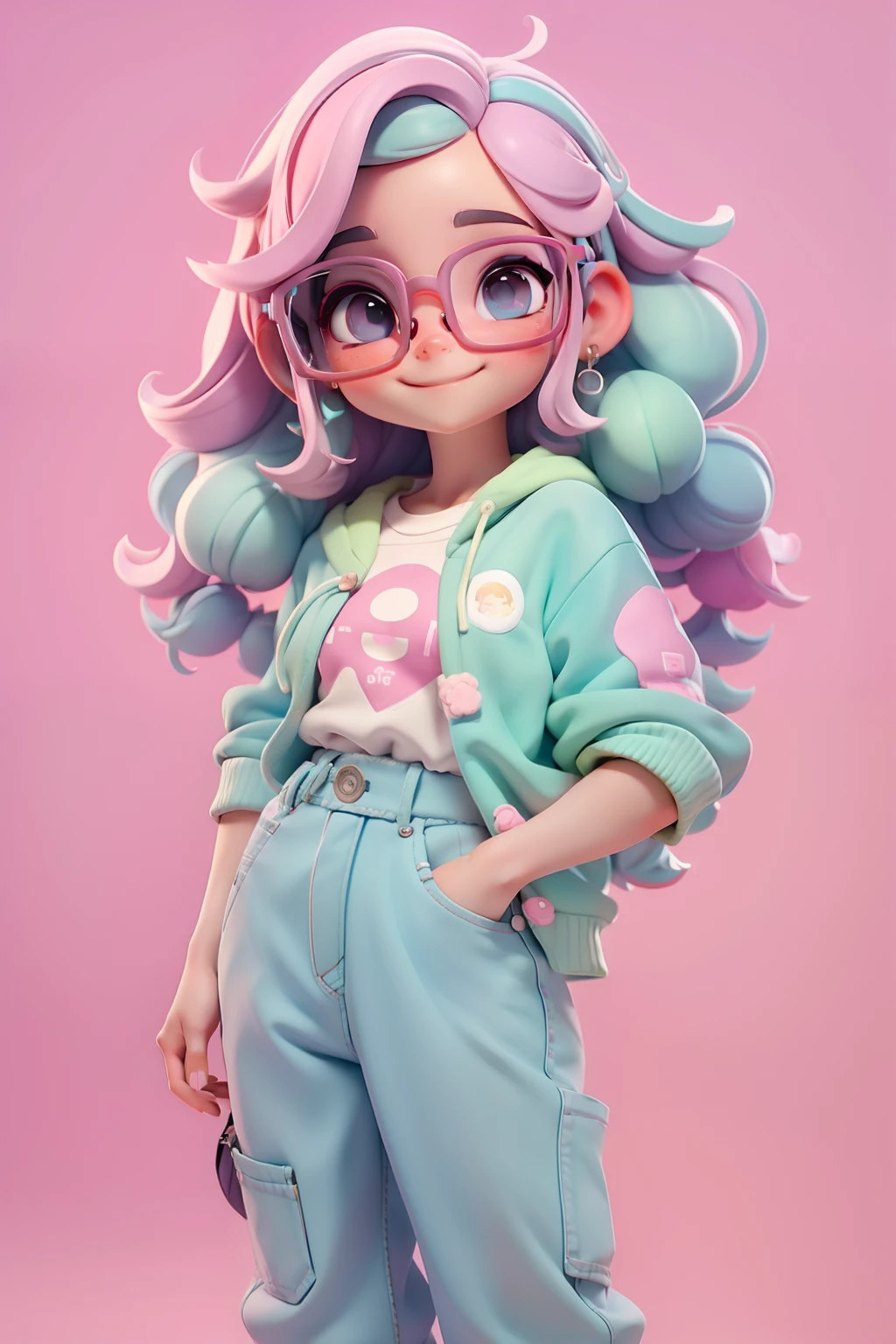 Loli nerd fofa, Eyeglasses, menina meiga, olhos delicados, cabelo escuro e preso, tom pastel, Pants, moletom, sorriso delicado, fundo simples e branco