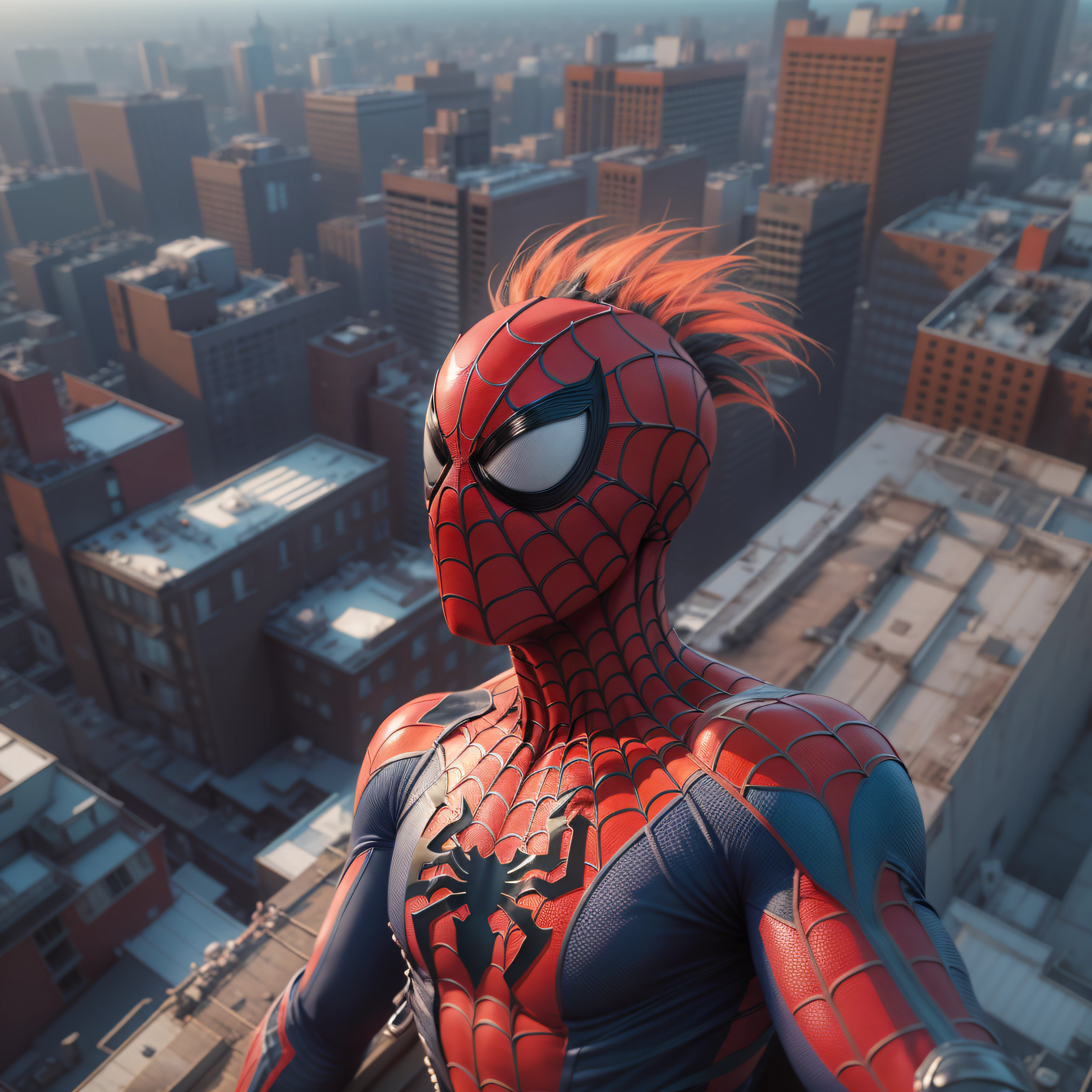 spiderman punk style, mohawk hair, photorealistic, detailed, on the roof of a building, cinematic, dramatic colors, half body close-up, cgscociety, computer rendering, by mike winkelmann, uhd, shown in cinema4d, hardsurface modeling, 8k, octane render, inspired by beksinski