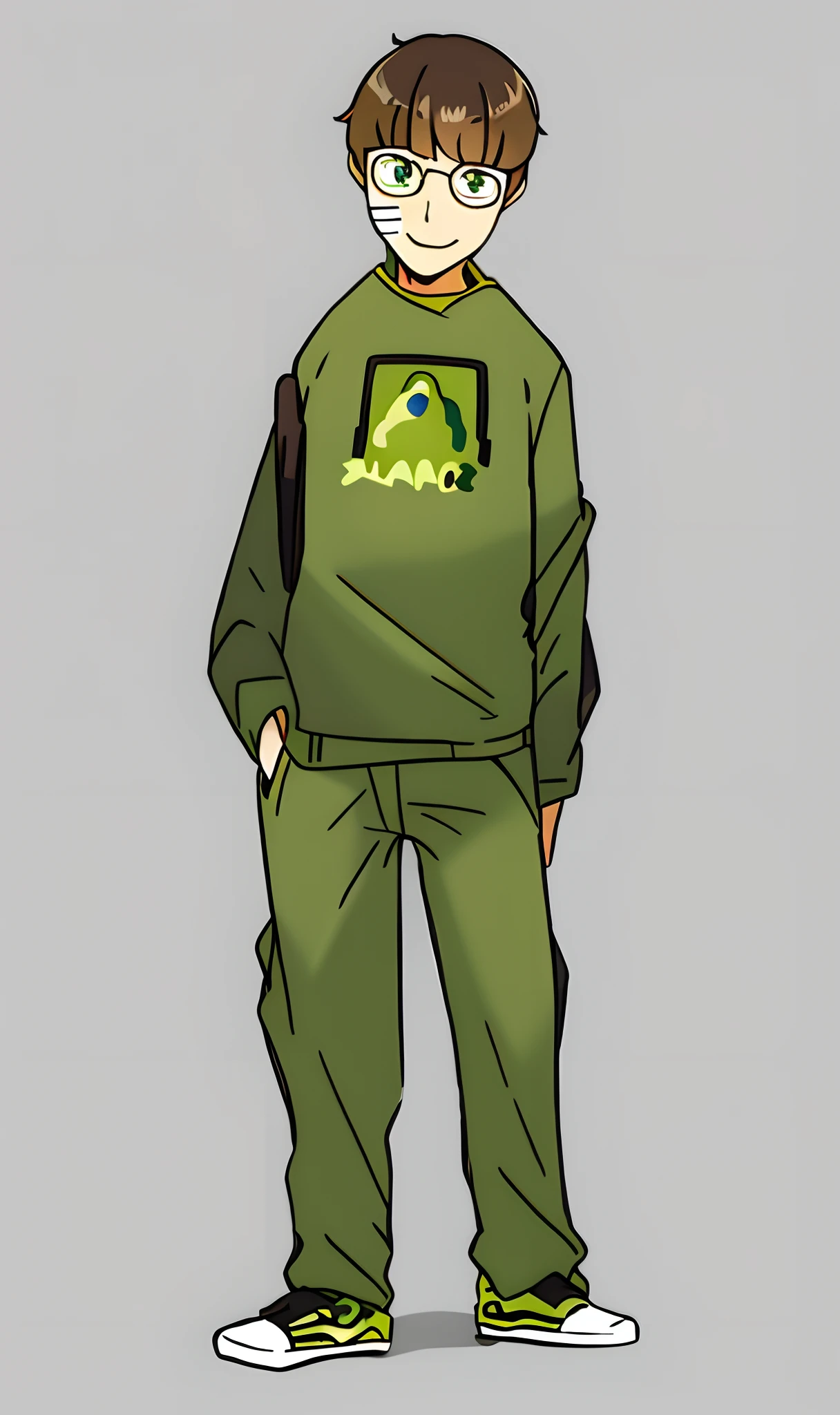 sugimori ken \(Style\), Brown hair,Light green tracksuit,Dark green trousers,White sneakers,Carrying a rucksack,One-handed slip pocket,white backgrounid,view the viewer, Nintendo, offcial art, Pokemon, Pokemon \(gaming console\), Pokemon SWSH, Light smile, sugimori ken, tart \(Illustrator\), Thighs, Stand next to Pokemon \(organism\)