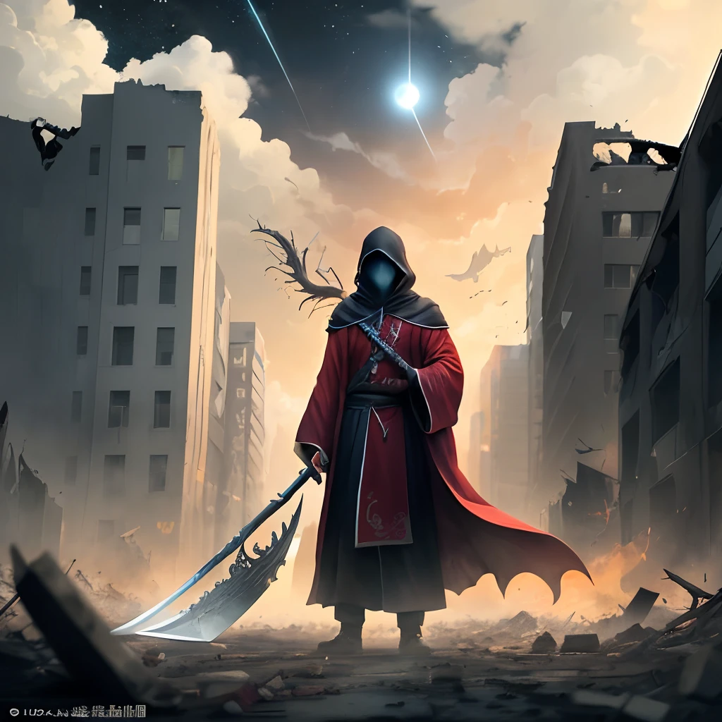The man is tall,Tight muscle lines,The face is grim,The eyes revealed indifference and killing intent。He has long black hair,Flutter in the wind。He wears a red robe,There is a slight damage on it,Reveal traces of the fierce battles he has experienced。He wears a hood,Covers most of the face,Only a pair of sharp eyes are revealed。
The background is a broken city,buildings collapsed、The walls are shattered,The streets are full of ruins and wreckage。The night sky is shrouded in dark clouds,Only faint moonlight shines through the clouds on the ground,Adds a touch of spookiness。
He was armed with a scythe,This scythe looks ordinary,But its length reaches three meters,It gives a sense of majesty and domineering。In front of the scythe is a huge blade,Up to one and a half meters,Flashing with cold light,It seemed that at any moment it would tear everything that stood in his way。