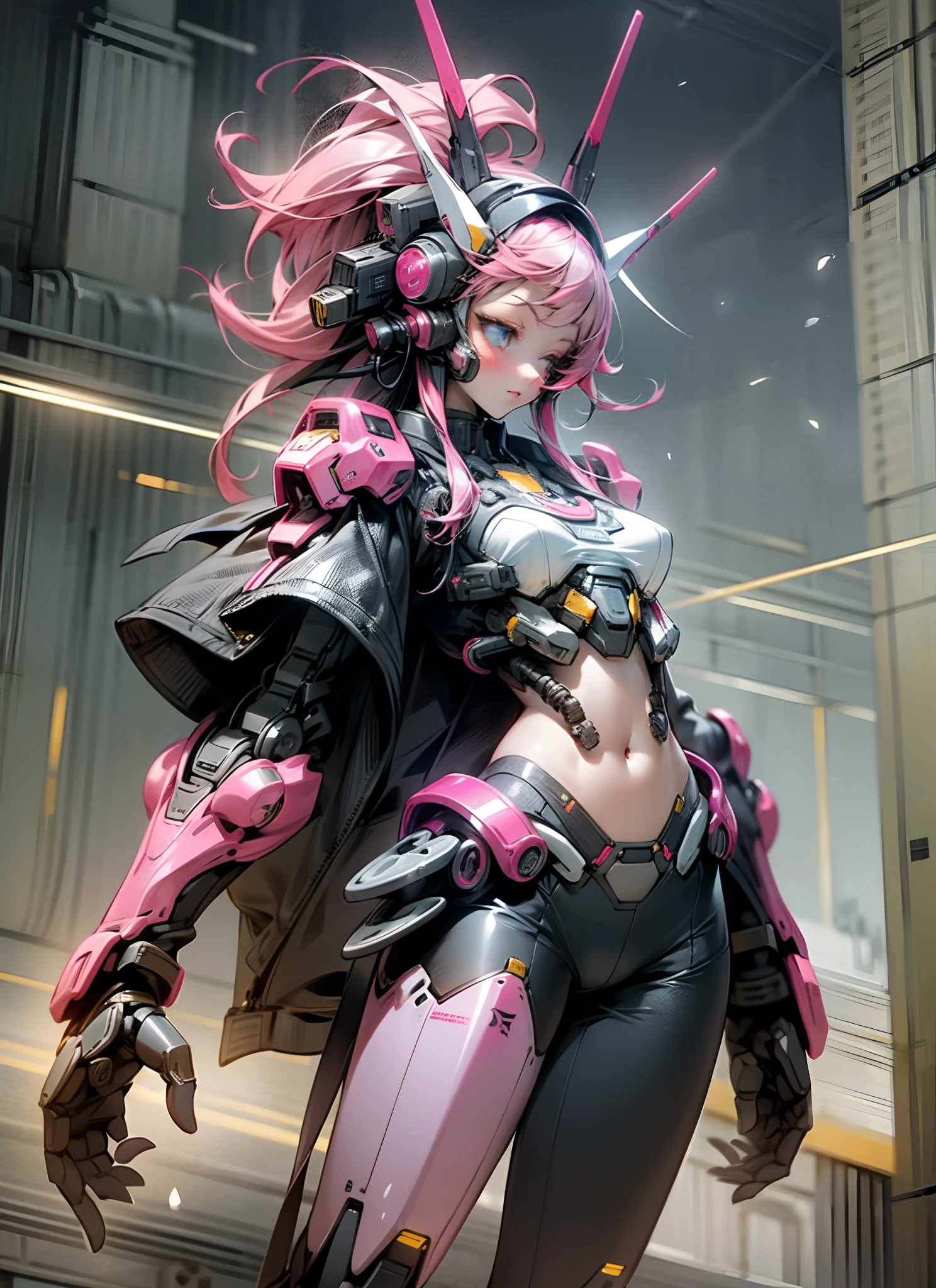 (outstanding, professional, surreal), towering buildings rise from the ground to form a magnificent landscape of the futuristic city. In the center of the picture, a huge and magnificent robot mech stands tall. Its pink metal shell shimmers, and the delicate textures and intricate lines of the robot mech outline its high-tech figure. The robot mech is tall, exuding an unparalleled sense of majesty and power. The robot mech has bright LED lights embedded in its shoulders, flashing in various bright colors, like the bright stars of the future city. Its arms are equipped with powerful energy weapons and are ready to meet the challenges of battle. Standing next to the robot, we see a striking teenage girl. She wears a black leather jacket and close-fitting black stockings, highlighting her perfect figure. The texture of the black leather jacket contrasts with the metallic texture of the robot, showing a unique visual effect. The girl's firm and resolute eyes show that she is fearless, (the girl is in good shape, wearing leather clothes, showing her navel, medium breasts, and clear facial details) --auto --s2