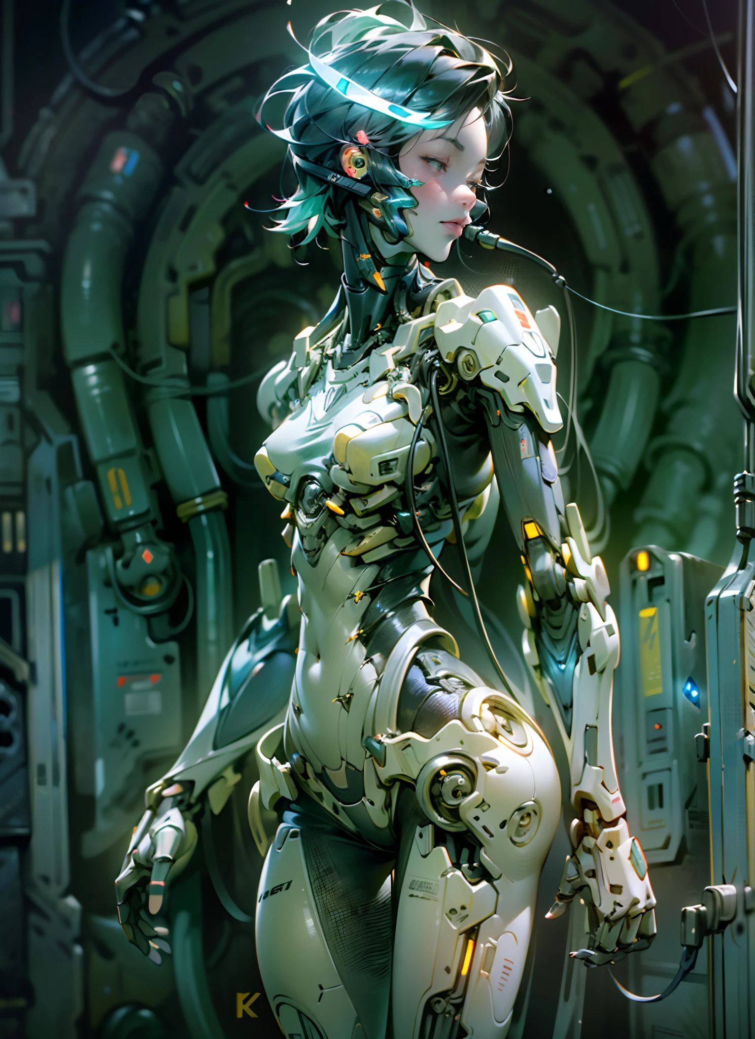 Top Quality, Masterpiece, Ultra High Resolution, ((Photorealistic: 1.4), Raw Photo, 1 cyberpunk android Girl, ((portrait)), Glossy Skin, (Ultra Realistic Details)), transparent plastic covering mechanical limbs, tubes connected to the mechanical parts, mechanical vertebrae attached to the spine, mechanical cervical attachment to the neck, wires and cables connecting to the head, Evangelion, ((Ghost in the Shell)), small glowing LED lamps, global lighting, deep shadows, Octane Rendering, 8K, Ultra Sharp, Metal, Intricate Ornament Details, baroque details, Very intricate details, realistic light, CGSoation trend, facing the camera, neon details, (android manufactory in background), art by H.R. Giger and Alphonse Mucha.