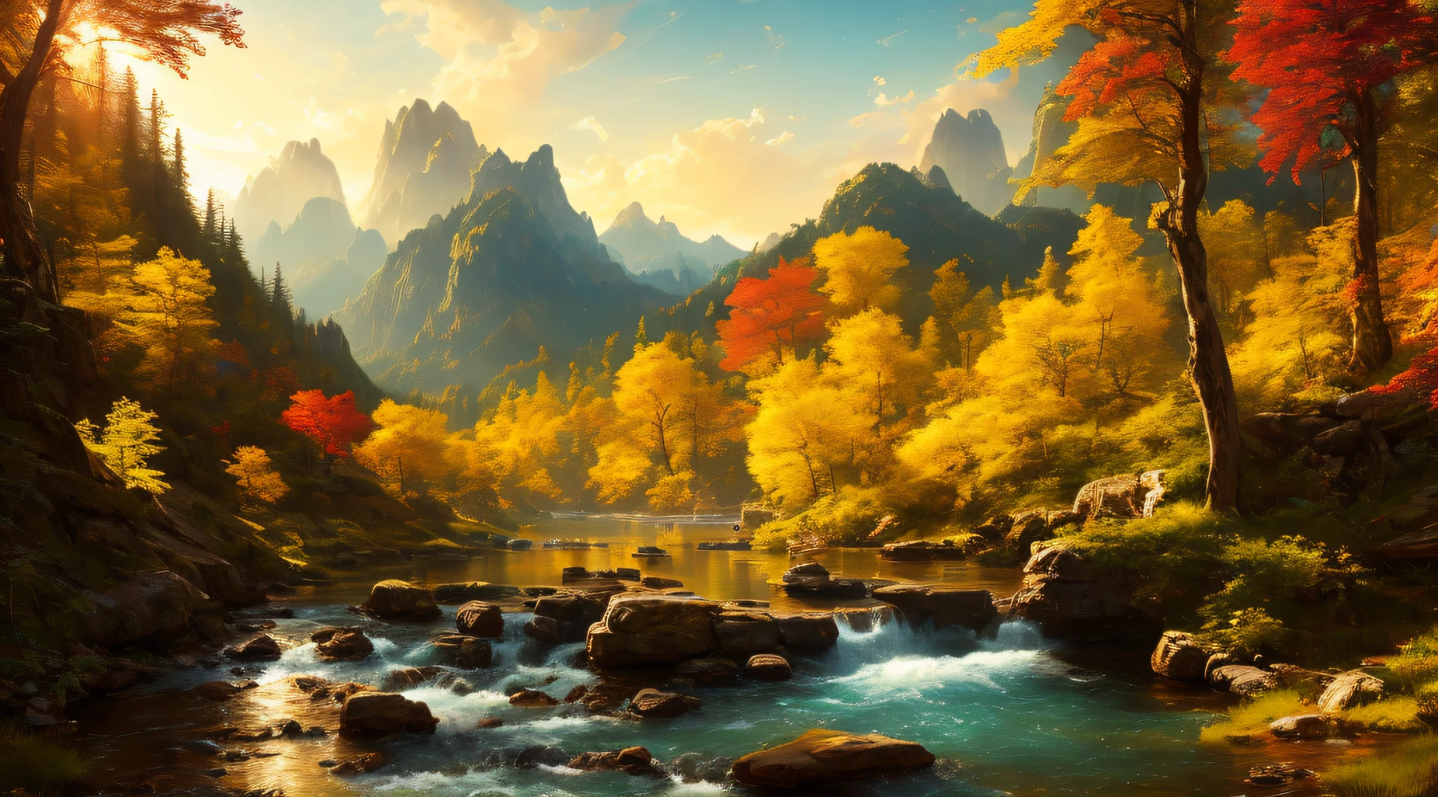 ChromaV5, (extremely detailed CG unity 8k wallpaper),
A Landscape of a stream in a majestic forest surrounded by lush yellow alders, panoramic view, wide angle shot, 28mm lens,
award winning photography, Chromatic Aberration, Detailed , HDR, Bloom,majestic oil painting by , Thomas Cole, Frederic Church, and Albert Bierstadt ,trending on artstation, trending on CGsociety, Intricate, High Detail, dramatic, art by midjourney