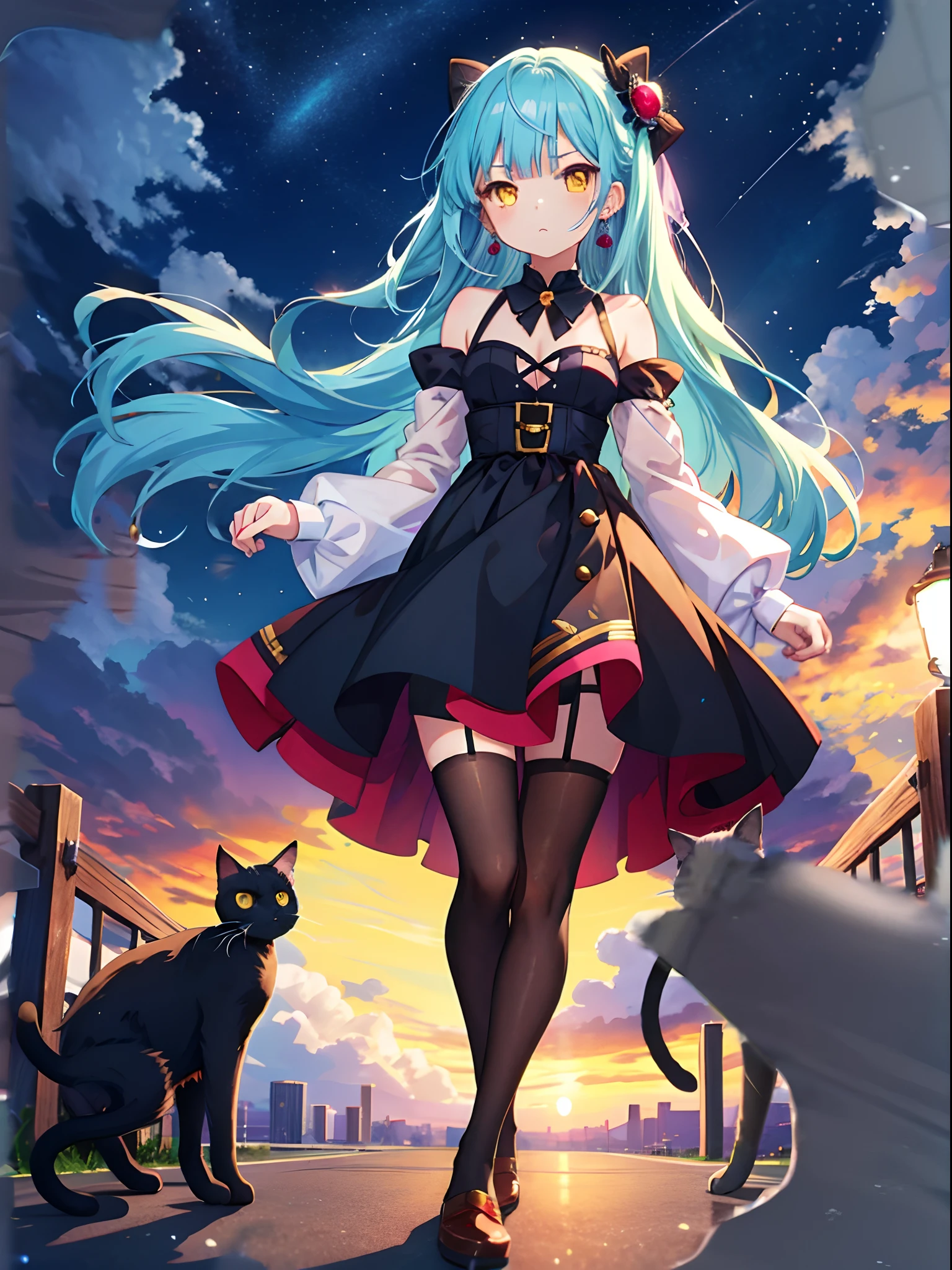 Anime girl with long light blue hair and black cat earrings, hd artwork, pixiv 3dcg,Lovely、Black stockings、deadpan,1 girl,Yellow eyes,flatchest