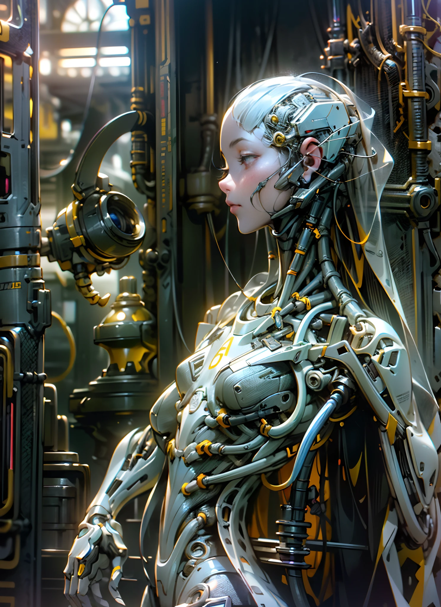 Top Quality, Masterpiece, Ultra High Resolution, ((Photorealistic: 1.4), Raw Photo, 1 cyberpunk android Girl, ((portrait)), Glossy Skin, (Ultra Realistic Details)), transparent plastic covering mechanical limbs, tubes connected to the mechanical parts, mechanical vertebrae attached to the spine, mechanical cervical attachment to the neck, wires and cables connecting to the head, Evangelion, ((Ghost in the Shell)), small glowing LED lamps, global lighting, deep shadows, Octane Rendering, 8K, Ultra Sharp, Metal, Intricate Ornament Details, baroque details, Very intricate details, realistic light, CGSoation trend, facing the camera, neon details, (android manufactory in background), art by H.R. Giger and Alphonse Mucha.