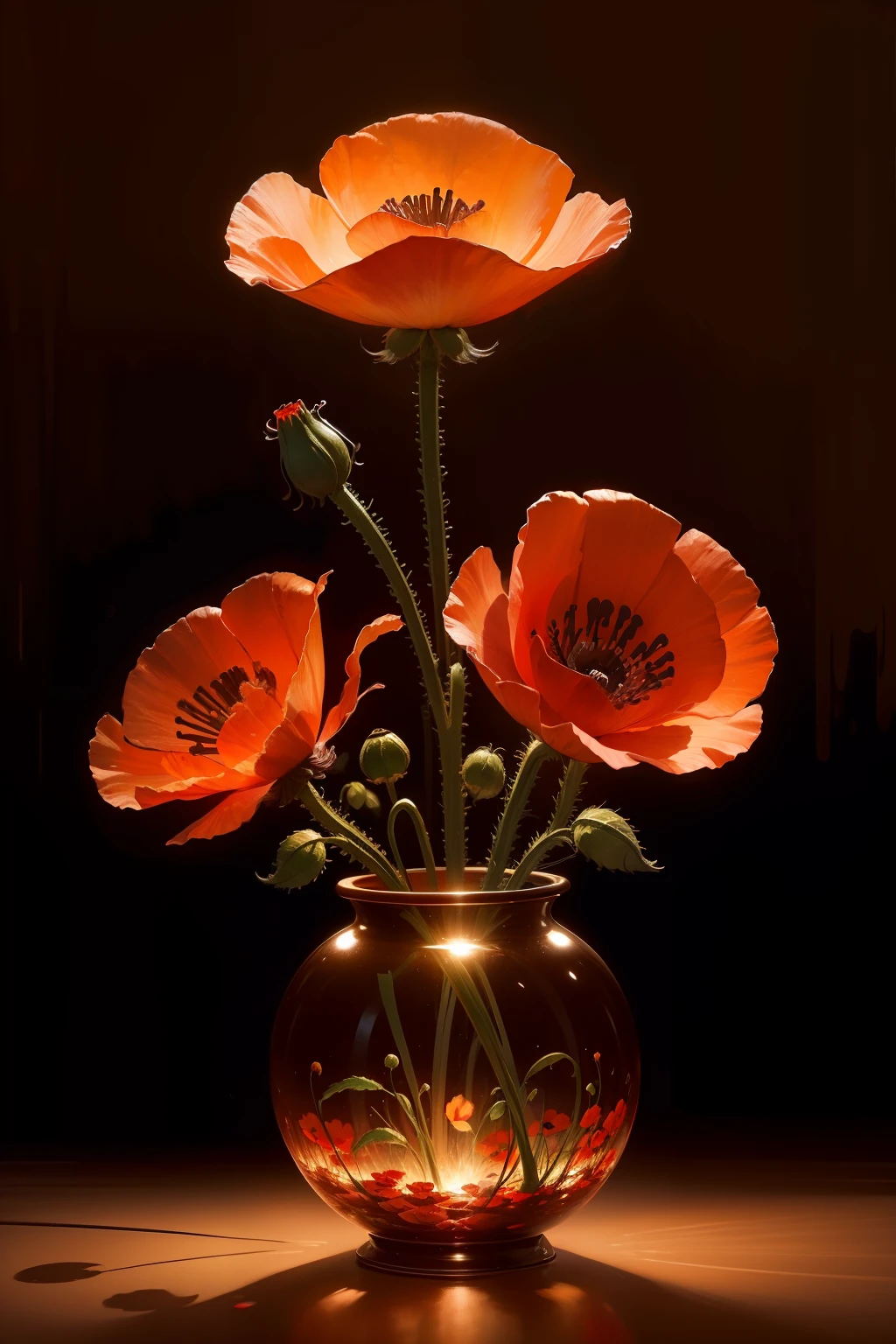 Red poppy flowers Oil painting Misty. Mystery, , vibrant colours, intricate, magical, elegant, beautiful, colourful, bioluminescent highlights and atmosphere, crisp quality, epic,intricate ,high definition,crisp,award winning Style by Qi Baishi,no vase