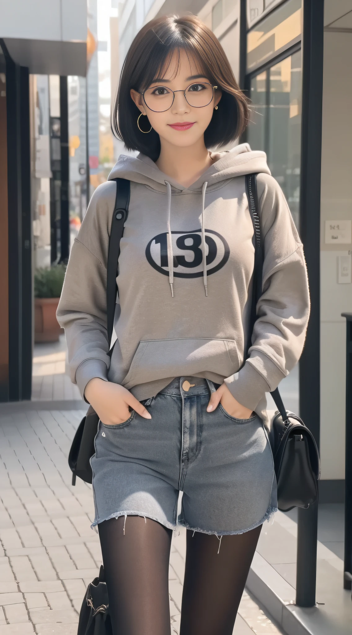 (One student 1.5),(true to life,Photorealistic 1.5),((best qualtiy, 8K, tmasterpiece:1.3)),SLR camera (二重まぶた,largeeyes:1.3),(smile1.5),(Full body photo 1.5)(One person 1.5)Clear focus 1.2, Perfect body beauty:1.4 , Delicate skin1.1,(Short black hair 1.6),(Fashion watch 1.4),(Pure desire 1.3)(Black pantyhose 1.5)(The leg length is one meter two,1.5),Gray hooded sweatshirt,denim short,canvas shoe,With earrings,bangle,circle glasses,School Classroom