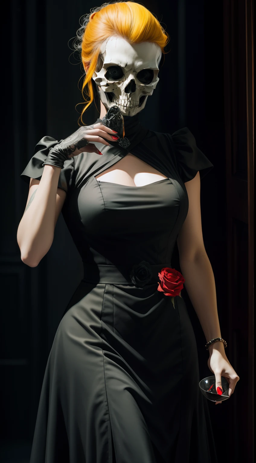 a woman, with a skull face in a black and red antique dress, holding a black crystal cup in his hand, yellow hair, blue eyes and a black rose in her hair