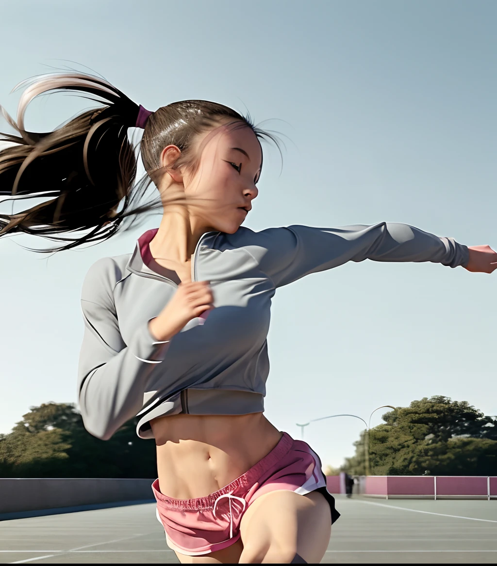 1 girl, solo, running, Gray Track Top, pink shorts, ponytail, athletic build, dynamic brushstrokes, fluid movement, capturing the essence of her athleticism and energy, using light colors and soft tones to create a dreamy and ethereal atmosphere, portraying the motion and grace of running, showing the wind blowing her ponytail and clothes, and the scenery of her surroundings.
outdoors, detailed background, Modern metropolis,