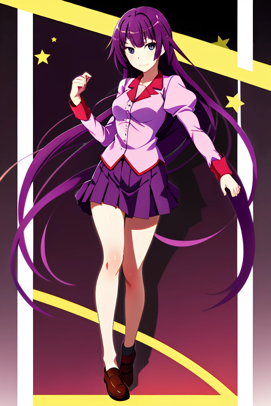 1girll,，Emoji seduction，senjougahara hitagi, Solo, upper legs, Skirt, Long hair, Naoezu High School uniform, Blue eyes, Juliet sleeves, school uniform, Purple hair, shirt, zettai ryouiki, Medium breasts, Very long hair, Purple skirt, Miniskirt，dancing in a night club,Full body photo