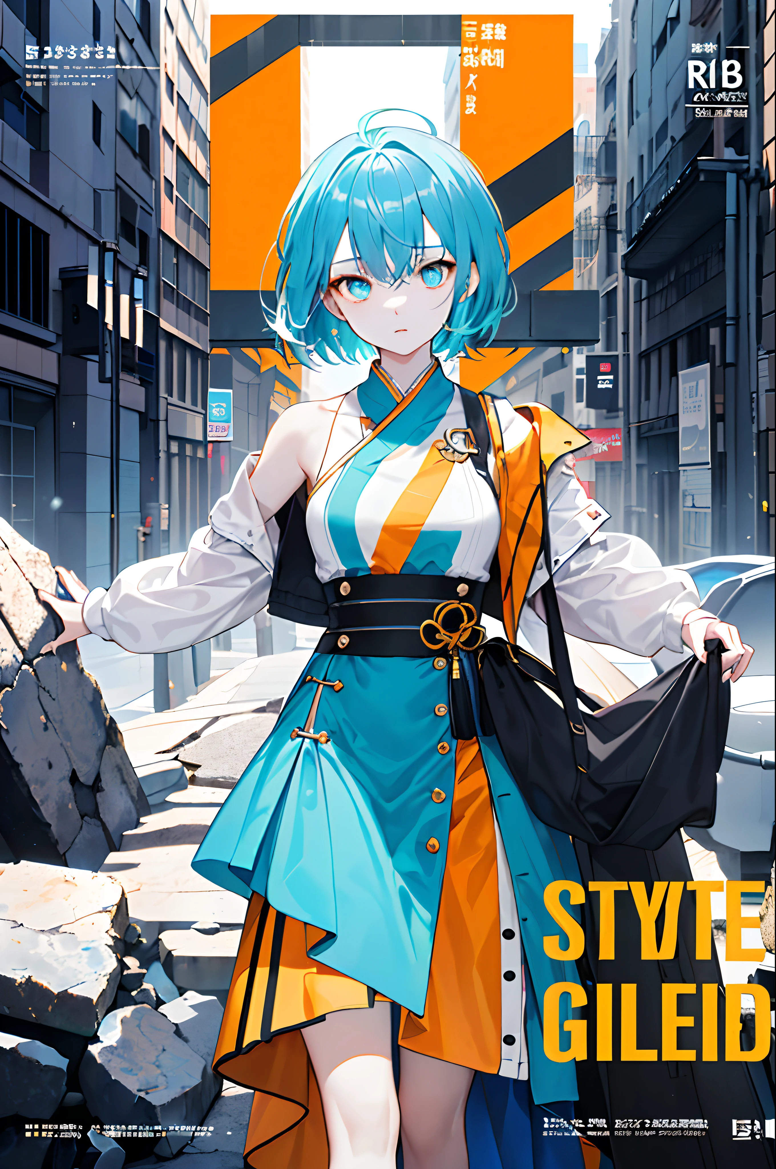 ((((dramatic))), (((gritty))), (((intense))) The movie poster features a young woman as the central character。She stands confidently in the center of the poster,Dress in fashion-forward clothing,with a determined expression on her face。There is a sense of danger and a strong feeling。The text is bold and eye-catching,With catchy slogans,Adds to the overall drama and excitement。The color palette is dominated by light colors,Dotted with bright colors,Make the poster dynamic and visually striking,tachi-e (magazine:1.3), (cover-style:1.3), fashionable, woman, vibrant, outfit, posing, front,rich colourful,dyna,Background with,element in,self-assured,Expressing the,halter,statement,attachment,A majestic,coil,Runt,Touching pubic area,Scenes,text,Cover of a,boldness,attention-grabbing,titles,Fashionab,typeface,Catchy,titles,more big,smart、moderno、Trendy、focus-on、Fashionab、blue hairs,short detailed hair,conservativelydressed,bass,high and cold,face expressionless,pupils,orange colors,pale-blue,cyan colors,Ripples of water,shot of,performance,Rock,self-assured,Fashionab,avant-garde,dressed stylishly,Dress edgy