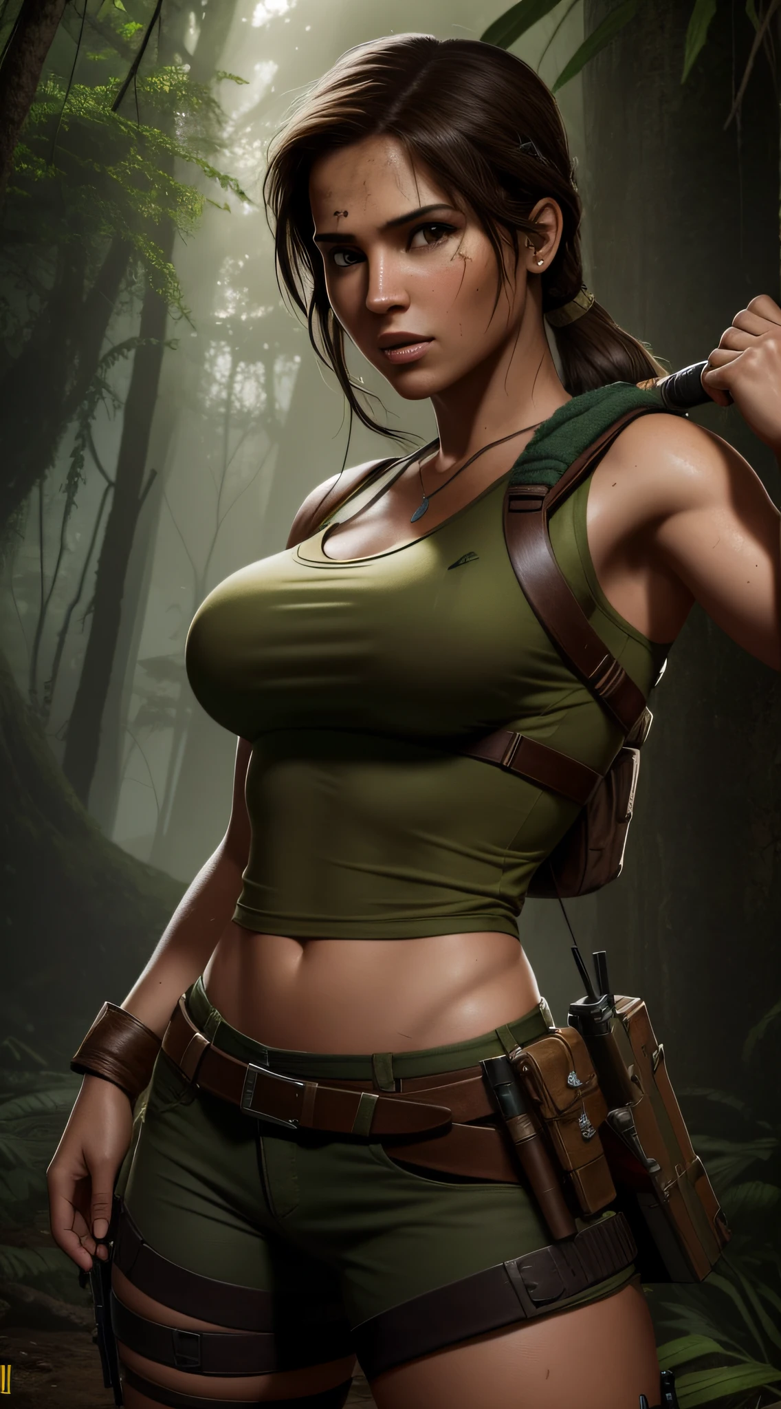 Retrato completo de Lara Croft Tomb Raider, bem detalhado, Fundo selvagem da floresta, Cinematic lighting, high resolution