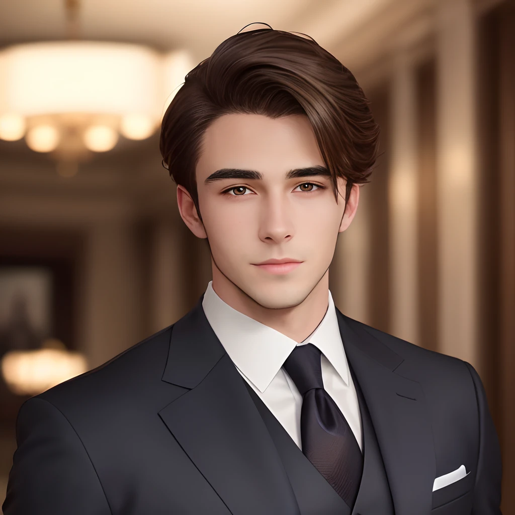 "An image of a handsome man in an elegant suit with neatly groomed hair. This man has a firm yet friendly face, with a strong jawline and sharp eyes that radiate intelligence. His hair is neatly combed and perfectly arranged, giving an impression of tidiness and attention to detail. The suit he is wearing has a flawless cut that fits his body, adding a touch of professionalism and class. The background of the picture can be chosen according to your preference, perhaps indoors with a business ambiance or outdoors with a majestic cityscape. Good lighting will help highlight the details of the suit and the expression on his face, creating an elegant and impressive image."
