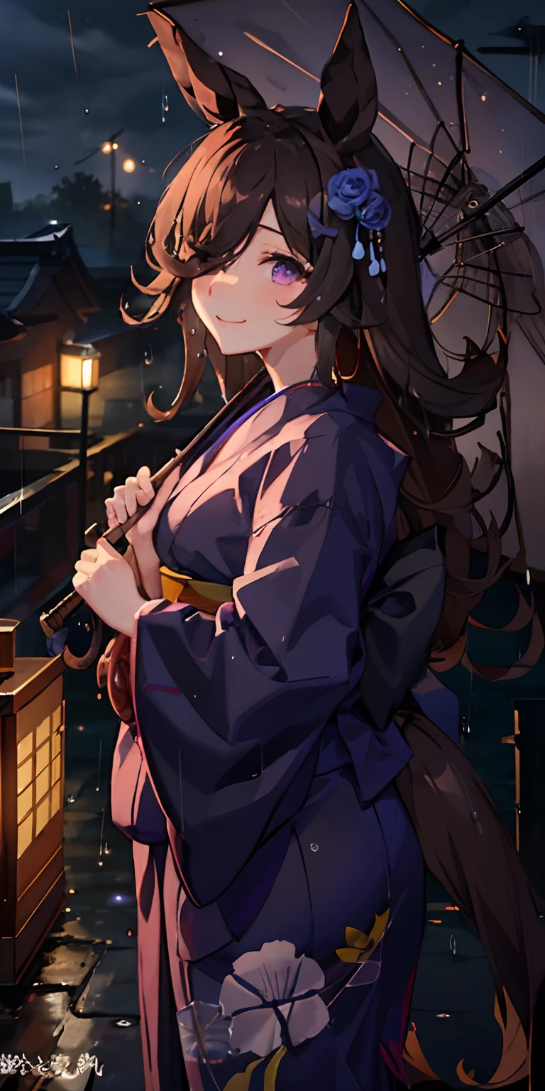 女の子1人((under the rain))、Black hair(long)、Purple Eye((Delicate.very beautif))、Marl、Horse's tail((black horse tail))、Hidden in the hair of one eye、Japanese dress((Yukata))、averi((The large, Brightly colored Japanese umbrella))、portlate、side lights、wall-paper、NSFW、Background night、Night sky with heavy rain、rain is falling((It's raining a lot))、Foggy((drizzle rain))、A smile、Happiness