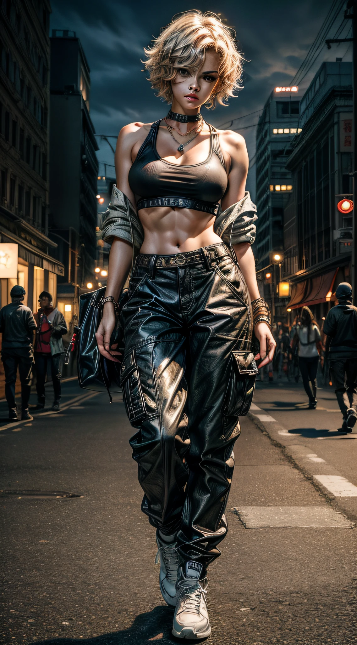 1girl, extremely sexy, short curly blonde hair, muscular, very large, very defined body, big breasts, small waist, big ass, Streetwear, cargo pants, necklace, taiwan, street, (masterpiece, best quality, high resolution, ultra detailed), night, depth of field, light eyes, big beautiful eyes, extremely detailed eyes,