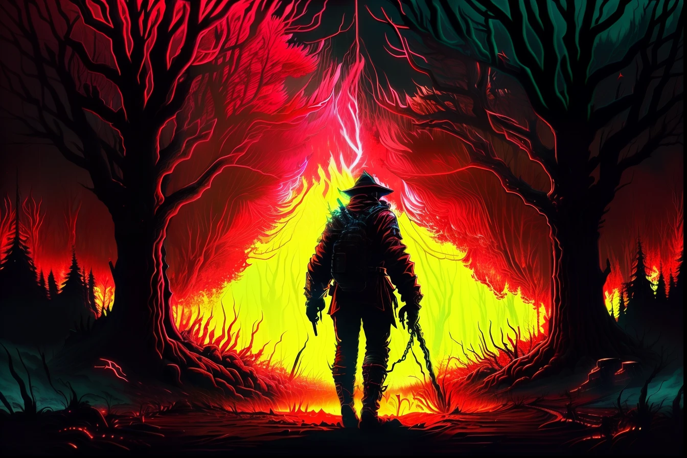 a man standing in front of a red cloud of smoke, iluminador vermelho, nevoeiro vermelho, nevoeiro sangrento vermelho escuro, red smoke follows his movement, Red mist, with red haze, nevoeiro escuro rodeia-o, darkness aura red light, Red smoke, red fog on the ground, nevoeiro vermelho escuro sangrento voar ao redor, atmospheric red effects, Homem misterioso, atmosfera vermelha
