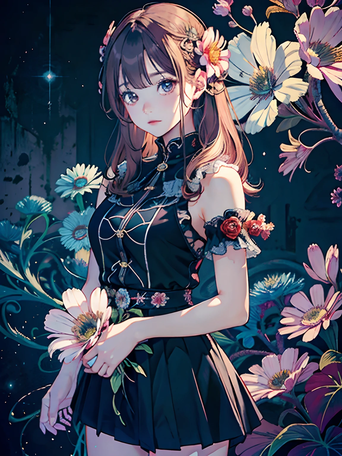 girl with, Official art, Unity 8k Wallpapers, ultra-detailliert, Beautifully Aesthetic, Beautiful fece, masterpiece, top-quality, (Zentangle, a Mandala, Tangles, Entanglement), (ecstasy of flower:1.2), dynamic ungle, cowboy shot, Most Beautiful Form of Chaos, elegent, Brutalist design, vivd colour, romanticism, Atmosphere
