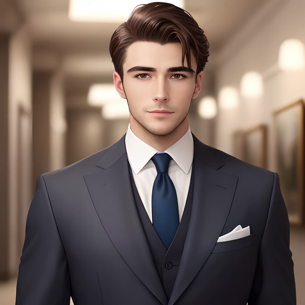 "An image of a handsome man in an elegant suit with neatly groomed hair. This man has a firm yet friendly face, with a strong jawline and sharp eyes that radiate intelligence. His hair is neatly combed and perfectly arranged, giving an impression of tidiness and attention to detail. The suit he is wearing has a flawless cut that fits his body, adding a touch of professionalism and class. The background of the picture can be chosen according to your preference, perhaps indoors with a business ambiance or outdoors with a majestic cityscape. Good lighting will help highlight the details of the suit and the expression on his face, creating an elegant and impressive image."