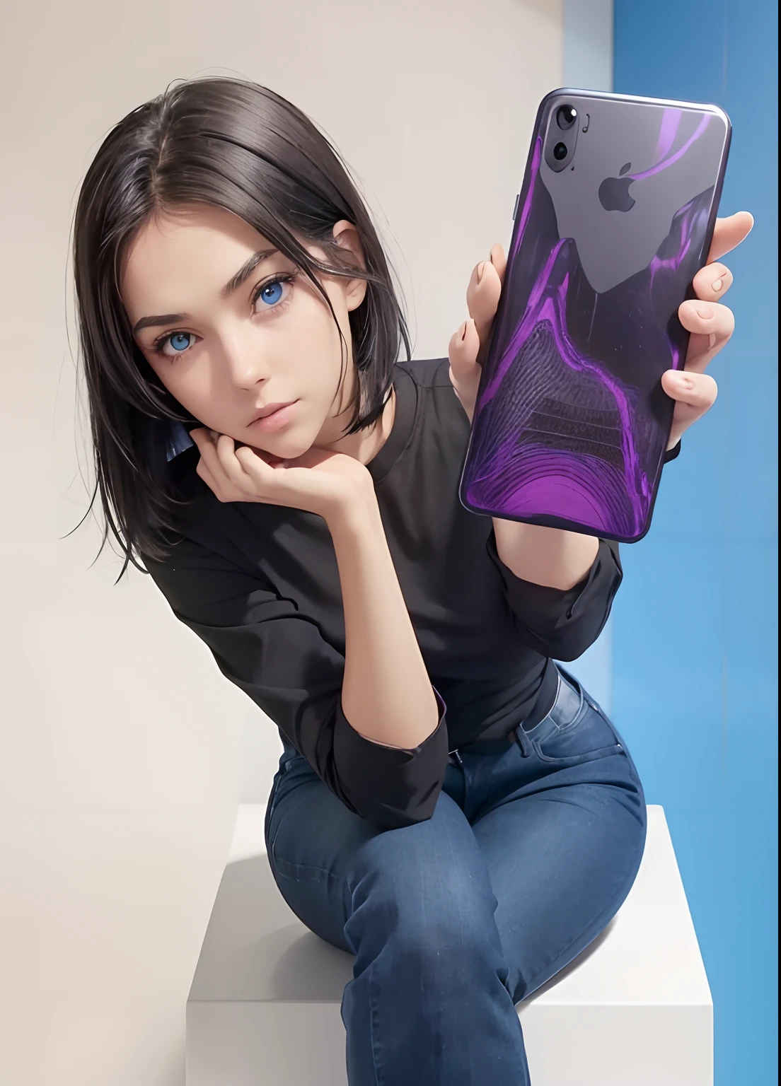 a girl,holding cell phone,short black hair,blue eyes,neutral face expression, black shirt,blue jeans,sitting position,