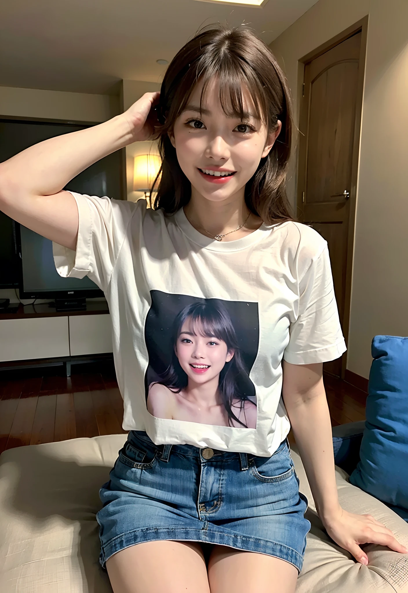 (top-quality、masterpiece)、Various poses、(((be shy)))、NSFW、T-shirts and miniskirts、8K、女の子 1 人、Sit down and read a book、Staring at this、(((Shy laughter)))、livingroom、First time shooting 、looking at viewert、Wavy、