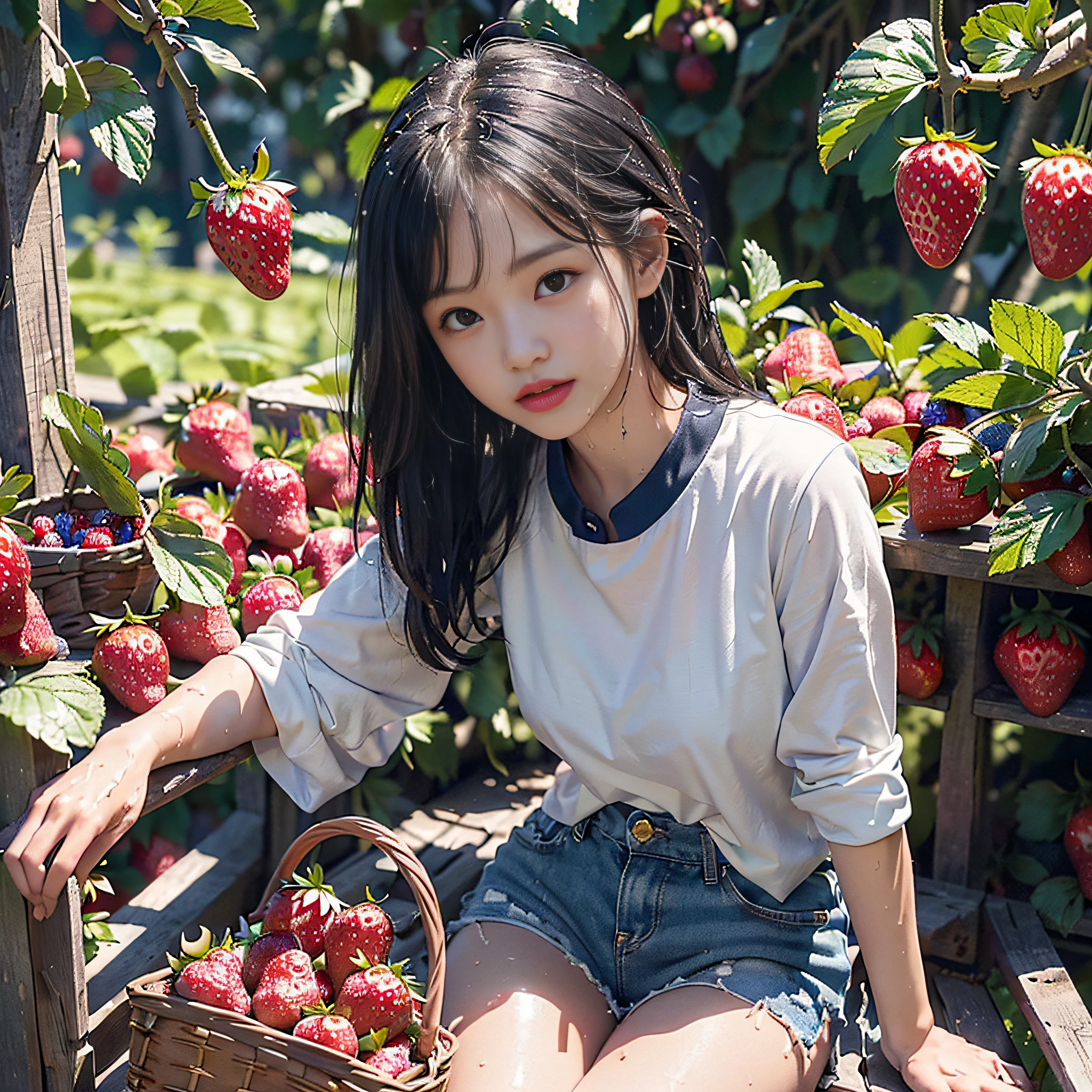 (masterpiece、top-quality、超A high resolution、High resolution:1.37),(1 girl in:1.1)、独奏、(The upper part of the body:1.2)、(Photorealsitic:1.4)、(Cute Teen Girl:1.2)、Adorable,Pretty,Cute,Beautiful,Colossal tits、length hair、partedbangs、Air bangs、red-lips、light_Smile、(Shot hair)、wet、Messy_blue髪、Protruding out、(校服:1.4)、White shirt with blue collar、Blue shorts、(Look at viewers:1.4)、(Forearm basket:1.4)、(Strawberry picking:1.4), (Strawberry farm:1.4), (Rows of plants:1.4), (Red berries:1.4), green leafs, rays of sunshine, (baskets:1.2), Picking,(pureerosface_v1:0.5)