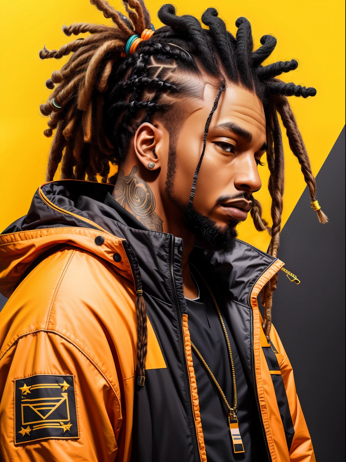 1 rapper with dreads hair, orange techwear jacket, minimalist abstract background