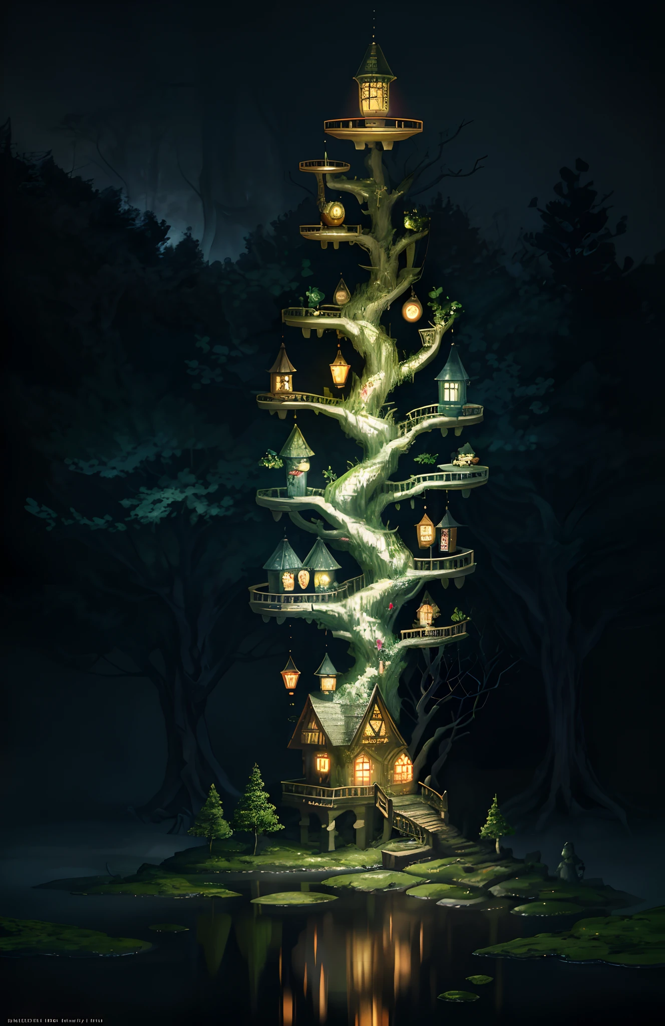 Tree house in forest swamp filled with lamps candles lanterns, ghostlights, whimsical fantasy landscape art, magical concept art, magical environment, 4k highly detailed digital art, background artwork, detailed fantasy digital art, a bustling magical town, fantasy matte painting，cute, fantastical setting, fantasy painting hd, masterpiece, best quality, high quality,extremely detailed CG unity 8k wallpaper, artstation, digital illustration, intricate, trending, pastel colors, oil paiting, award winning photography, Bokeh, Depth of Field, HDR, bloom, Chromatic Aberration ,Photorealistic,extremely detailed, trending on artstation, trending on CGsociety, Intricate, High Detail, dramatic, art by midjourney
