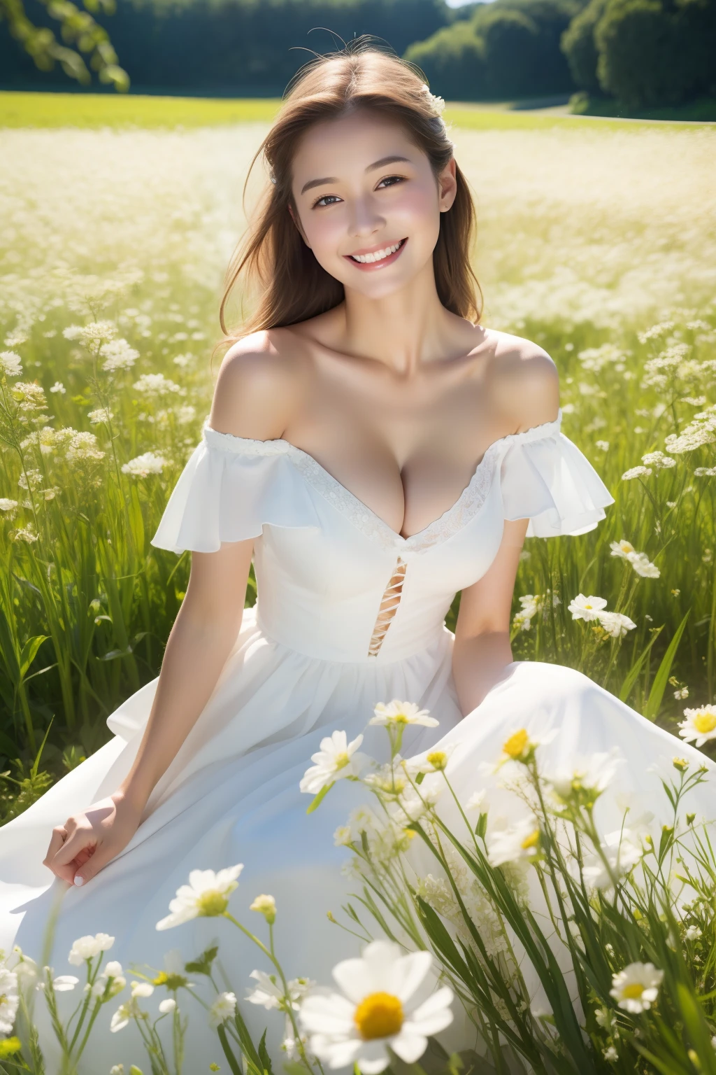 cleavage,Best quality, masterpiece, ultra high res, (photorealistic:1.4), raw photo, 1girl, white dress, off shoulder, white flower field, glowing skin, light smile
