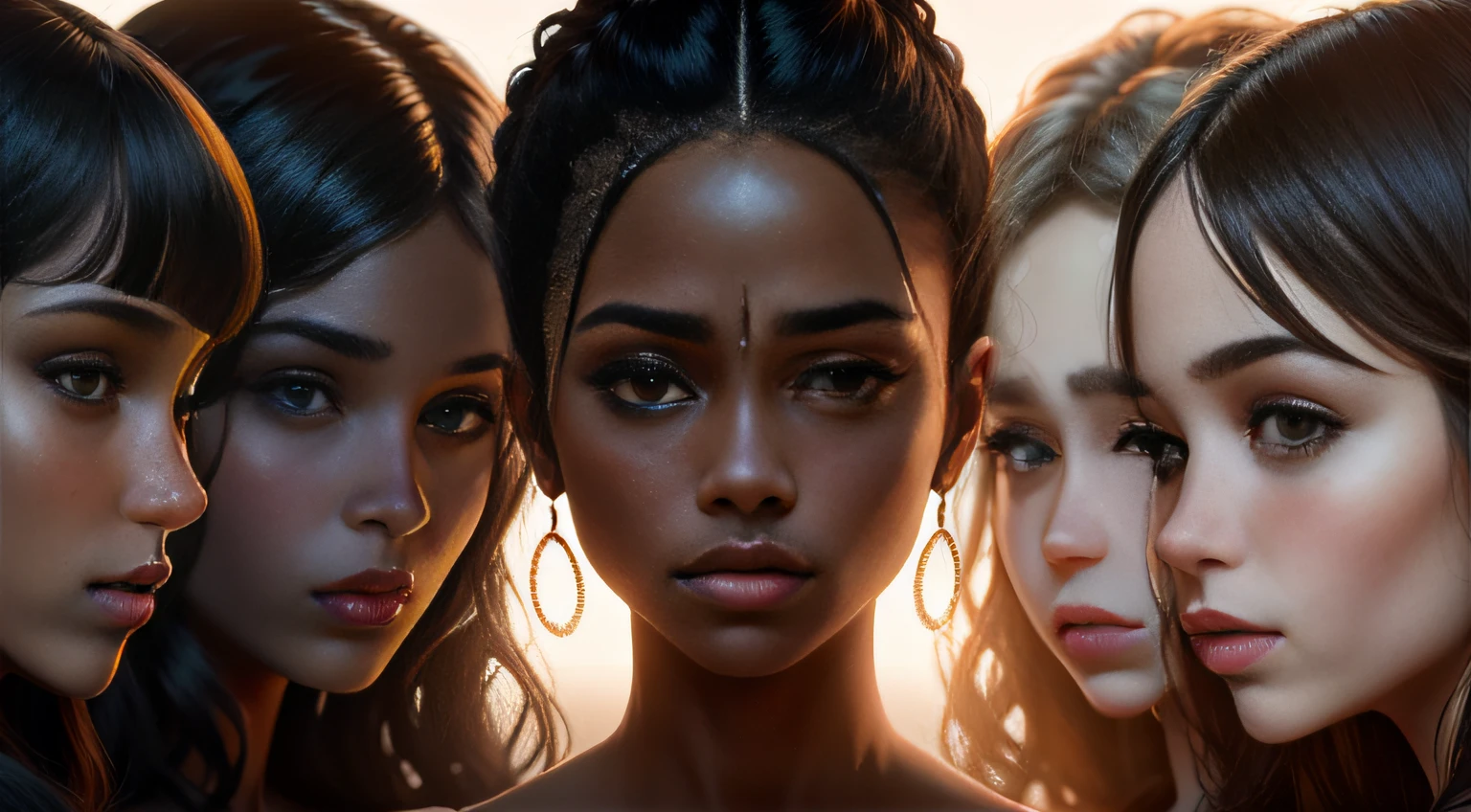 a group of 5 women standing in front of a dark background, tipo de deusa, godesses, close shot, parecendo deusas gregas do egito, qualidade ultra realista