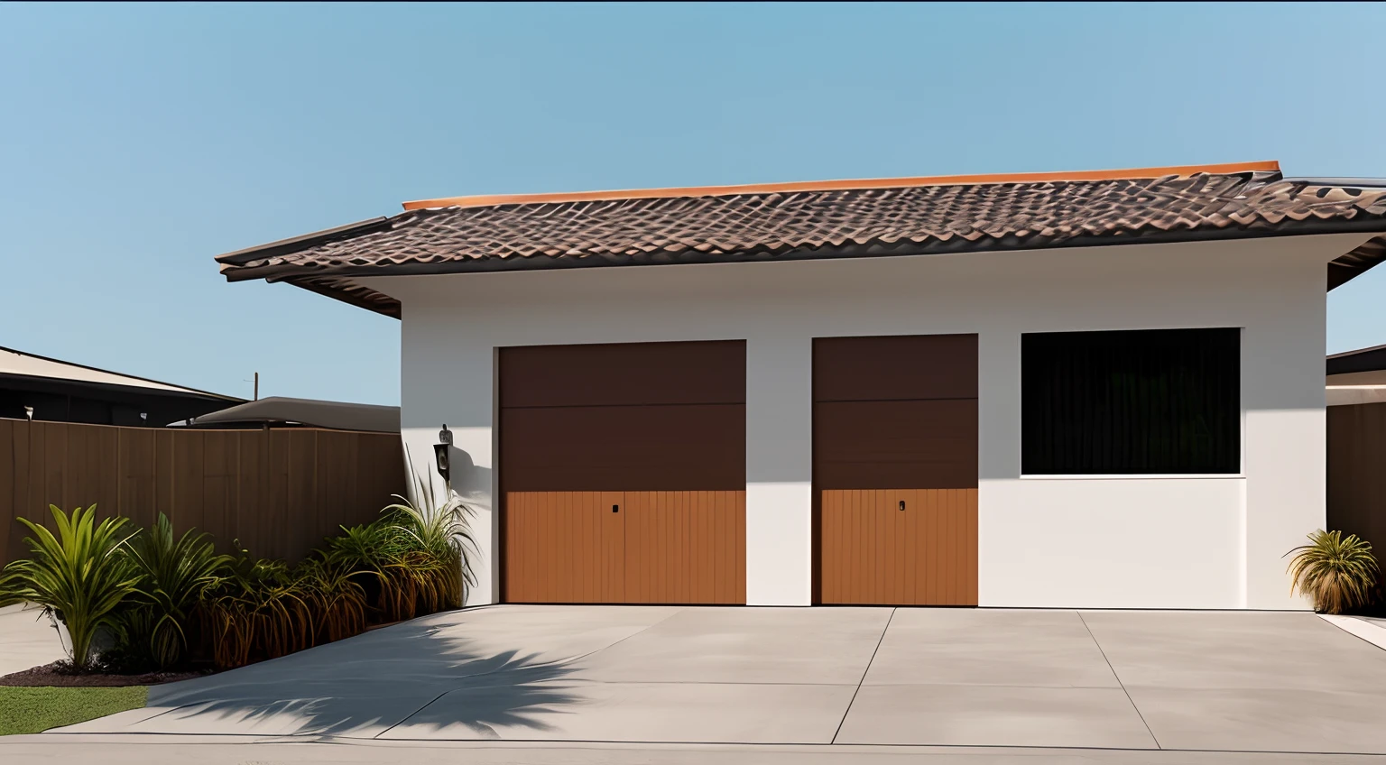 There is a garage with two doors and a roof on the side of the building, garagem, car garage, 3 portas, large overhangs, Modern setting, em frente a uma garagem, Portas, crisp smooth clean lines, symmetrical realistic, digital render, garagem, residencial, foto hiper-detalhada, telhado laranja, shed roof, Estilo foto-realista