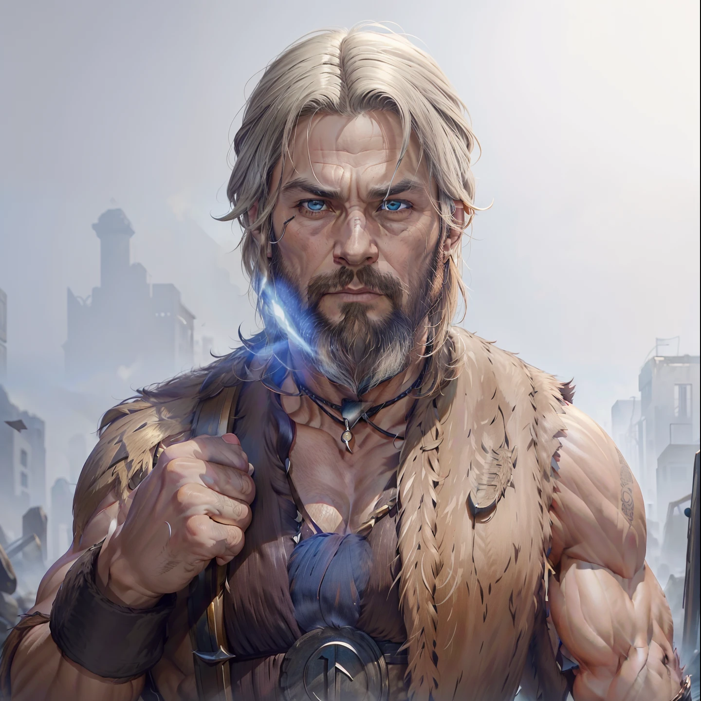 Odin velho com cabelo longo cinza e barba longa cinza, ele tem apenas o olho esquerdo, the right eye is black, He's wearing godly Viking armor, ele parece, retrato, 8k, detalhes altos.